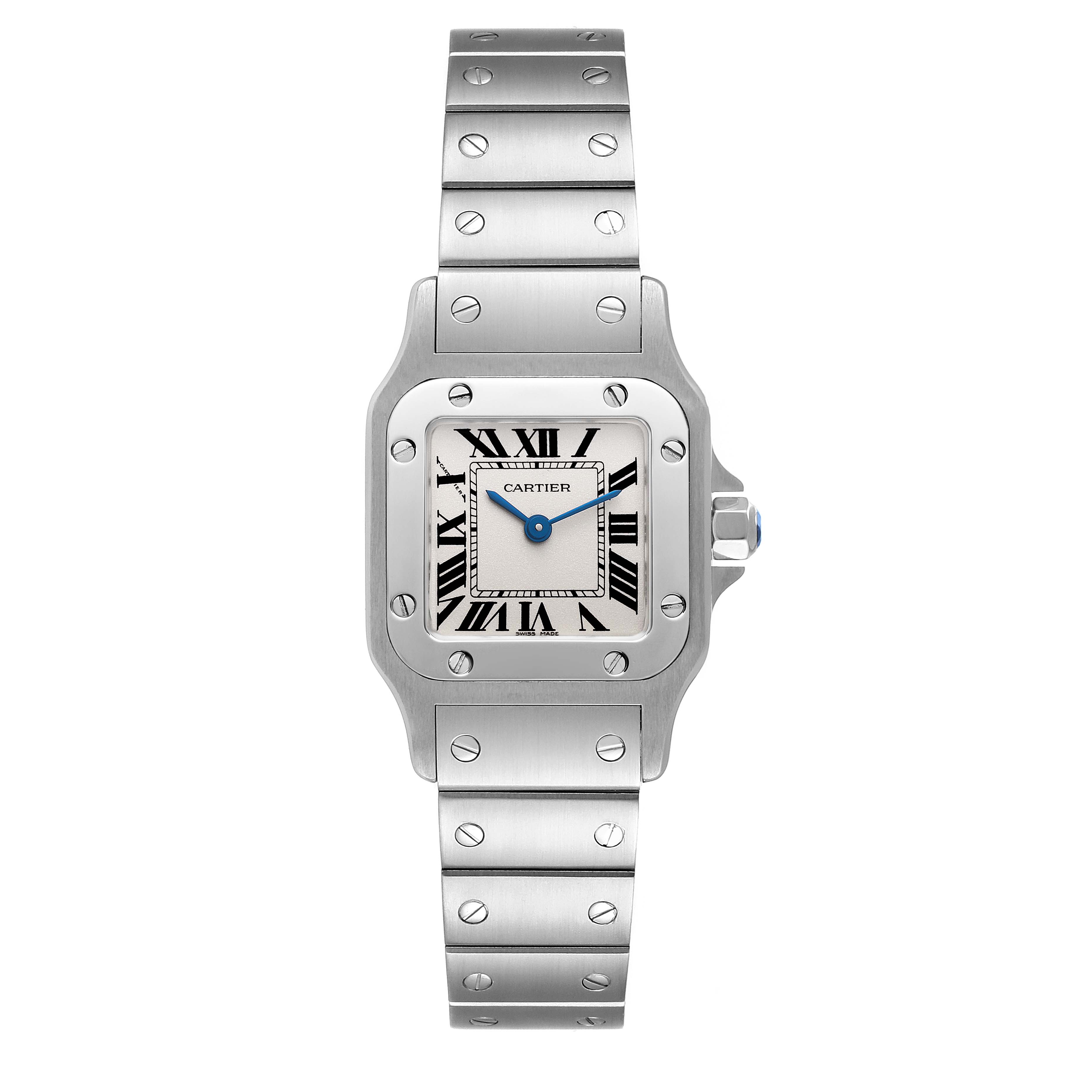 This image shows a frontal view of the Cartier Santos W20056D6 Women's Stainless Steel Silver Dial W20056D6 Women's Stainless Steel Silver Dial model watch, highlighting its face, bezel, and bracelet.