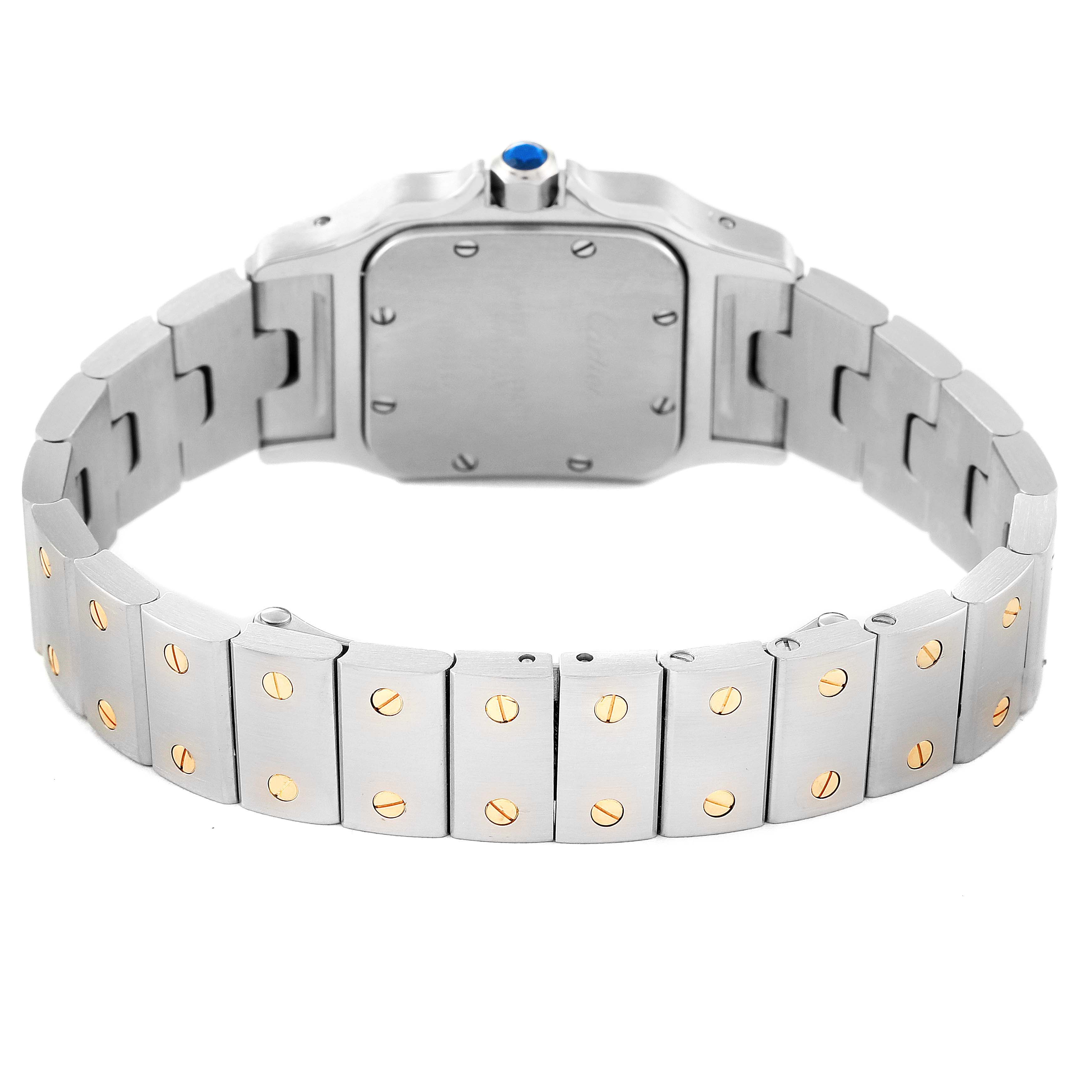 This image shows the back case and bracelet of the Santos model watch by Cartier in a horizontal position.