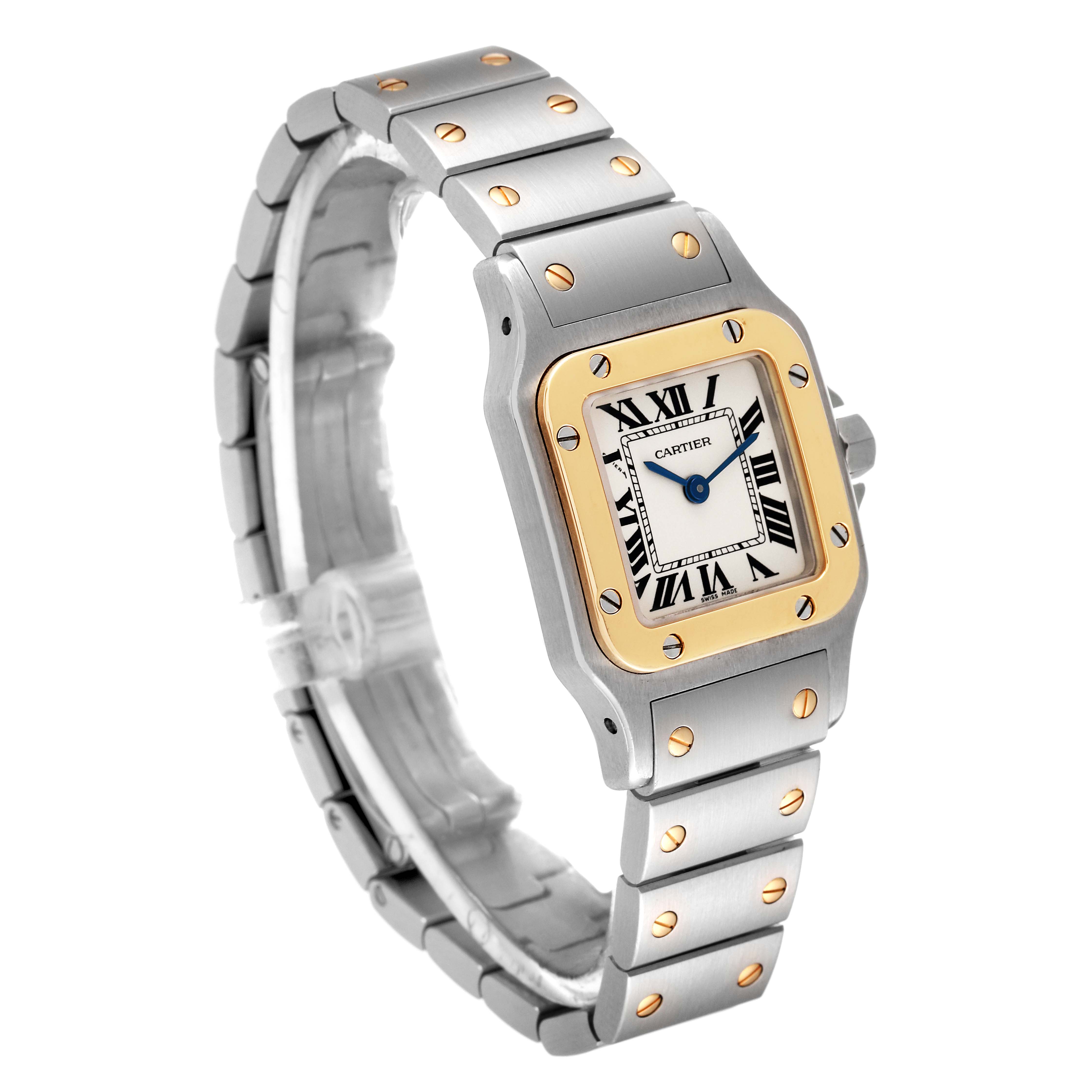 The image shows a Cartier Santos W20012C4 Women's Steel and Gold (two tone) Silver Dial W20012C4 Women's Steel and Gold (two tone) Silver Dial watch at a slight angle, highlighting its two-tone bezel and bracelet.