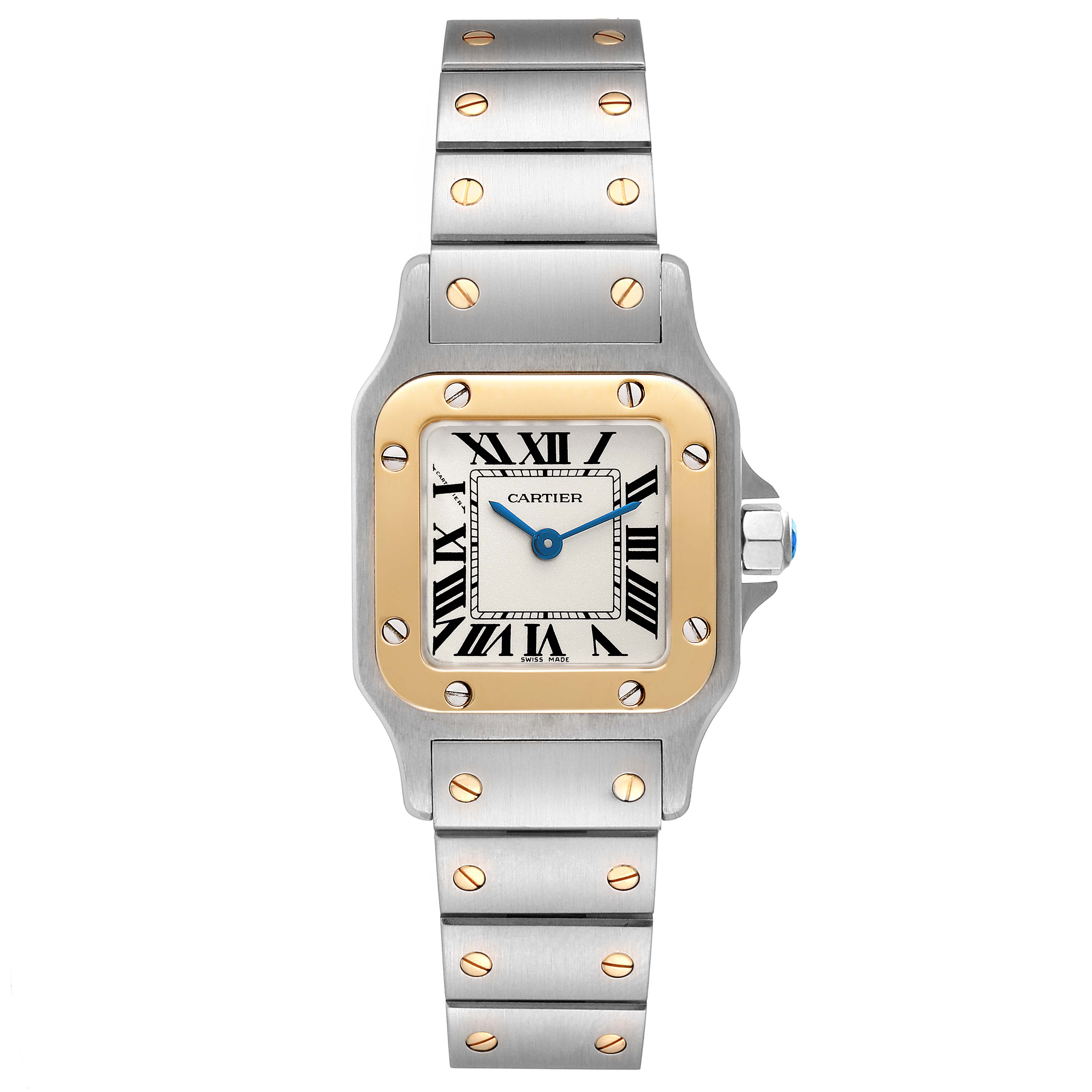 The image shows a Cartier Santos W20012C4 Women's Steel and Gold (two tone) Silver Dial W20012C4 Women's Steel and Gold (two tone) Silver Dial watch from a front-facing angle, highlighting the dial, bezel, and bracelet.