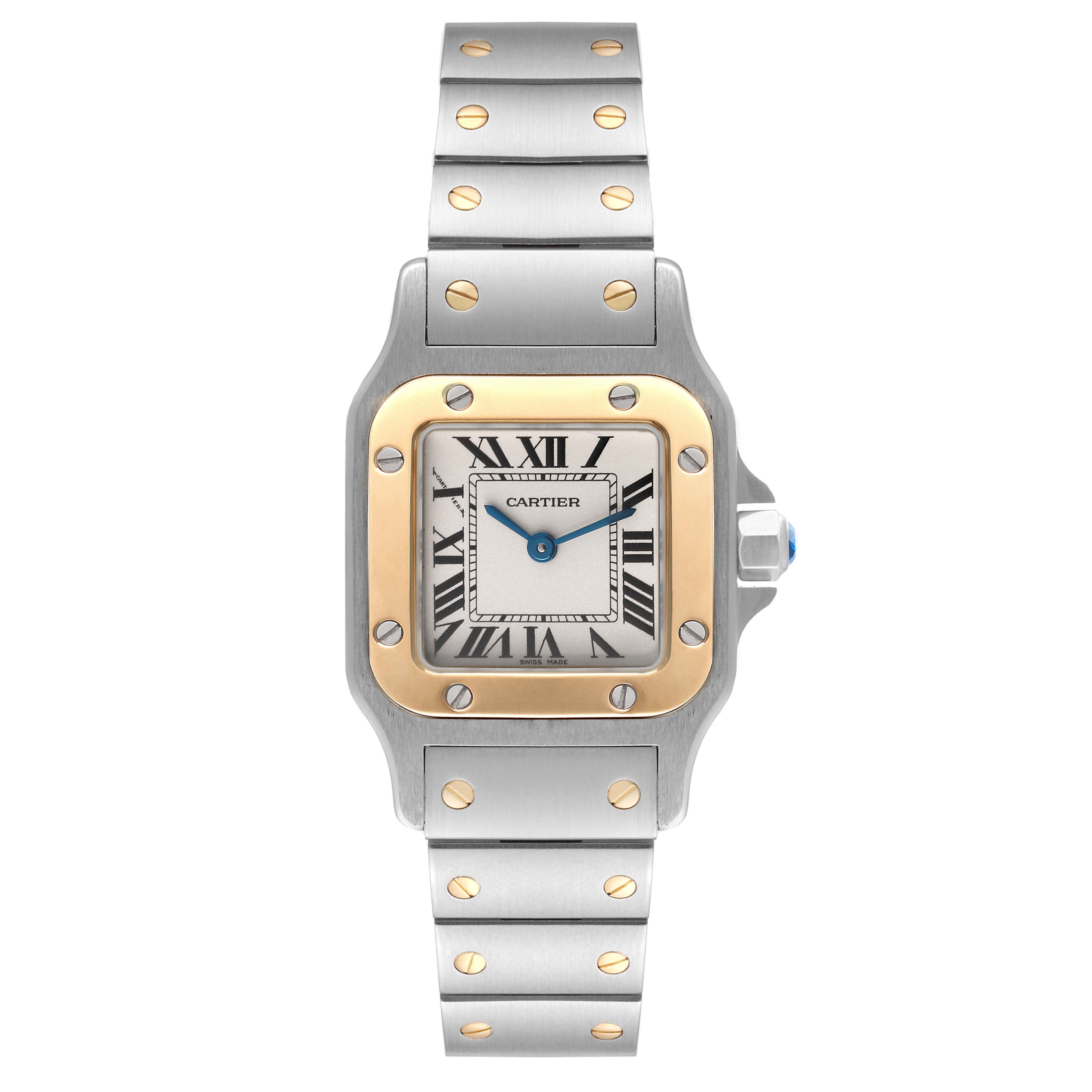 The Cartier Santos W20012C4 Women's Steel and Gold (two tone) Silver Dial W20012C4 Women's Steel and Gold (two tone) Silver Dial watch is shown from the front, displaying its face, bezel, crown, and bracelet.