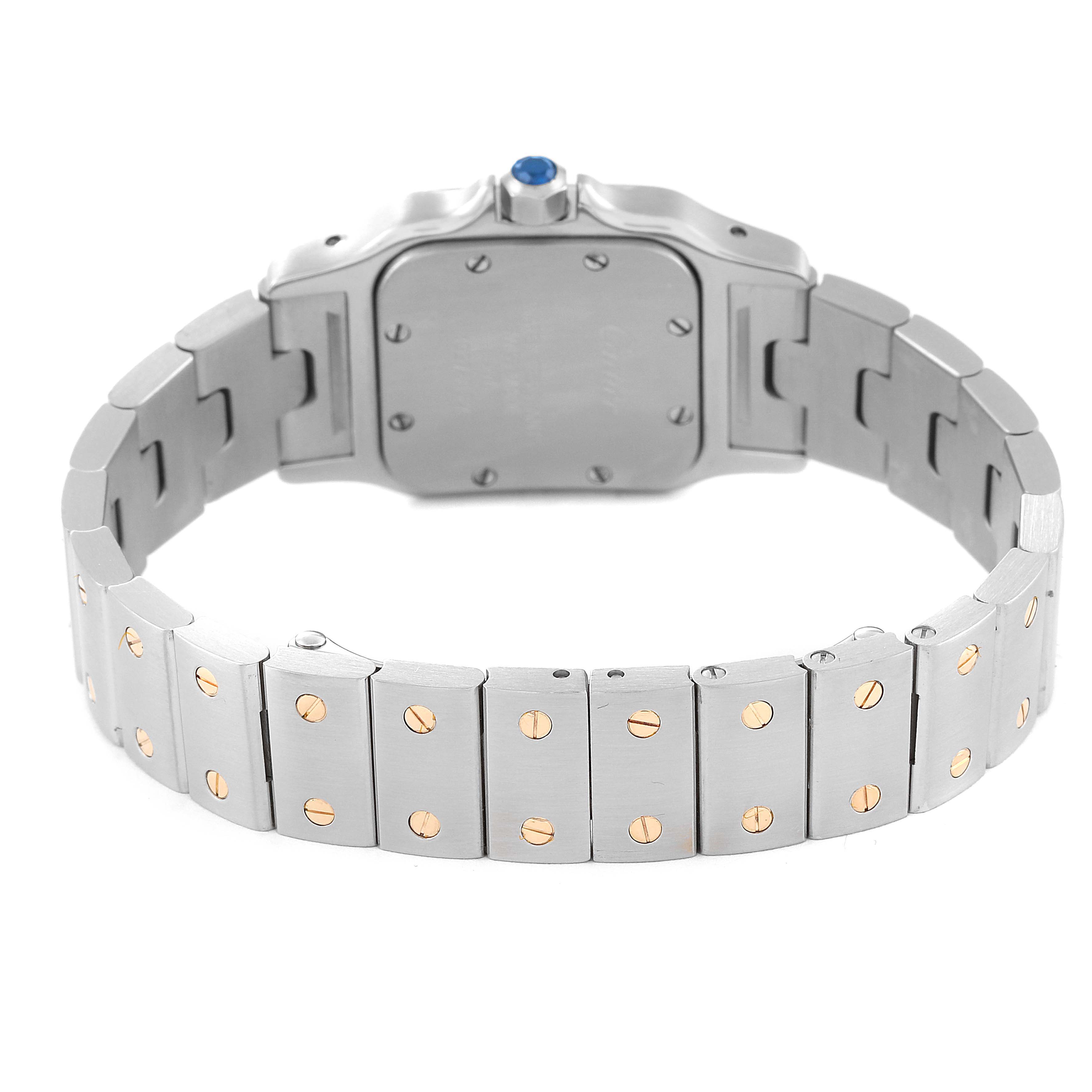 The image shows the back view of a Cartier Santos W20012C4 Women's Steel and Gold (two tone) Silver Dial W20012C4 Women's Steel and Gold (two tone) Silver Dial watch with its bracelet and case back visible.