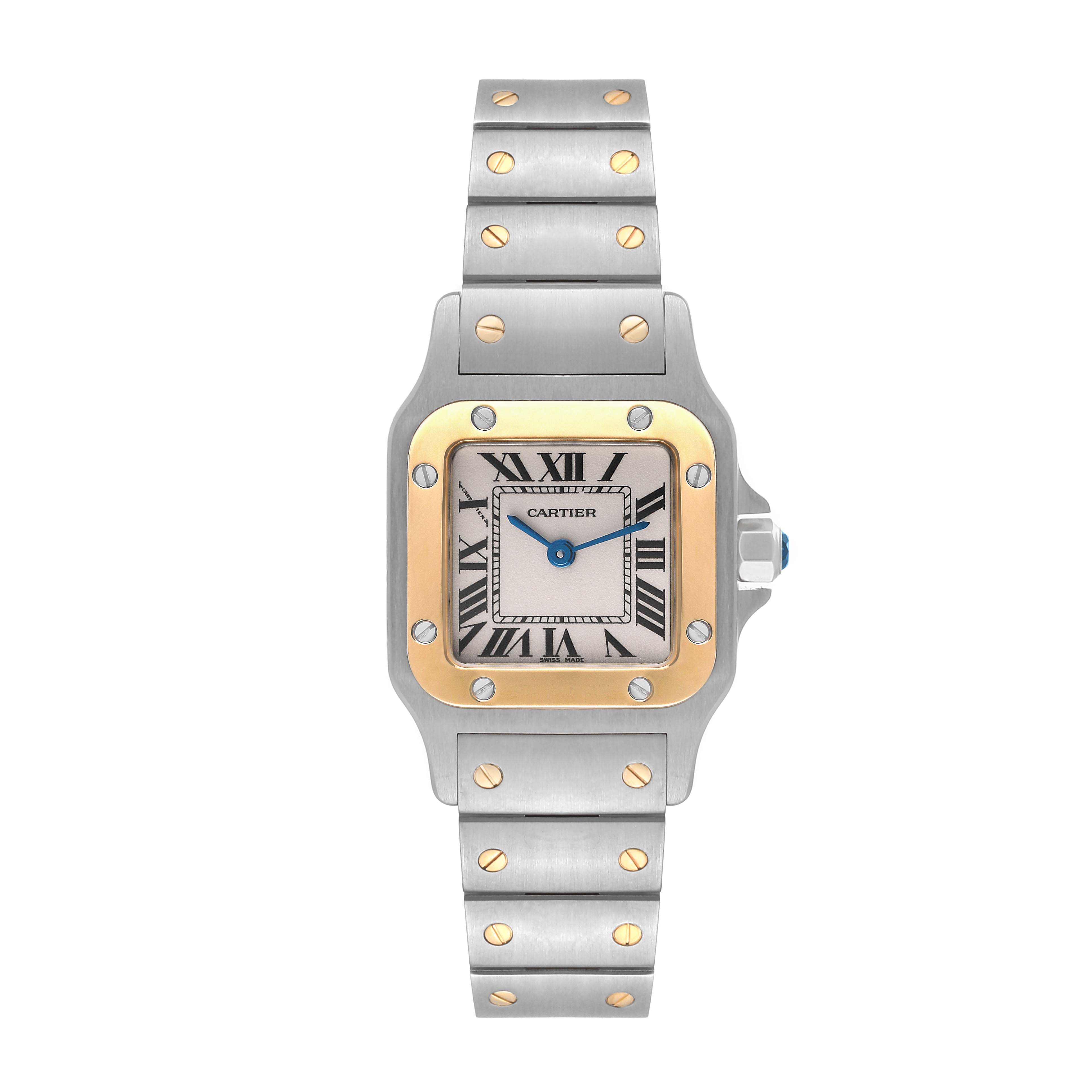 This image shows a front view of the Cartier Santos W20012C4 Women's Steel and Gold (two tone) Silver Dial W20012C4 Women's Steel and Gold (two tone) Silver Dial watch, displaying the face, case, bezel, and bracelet.