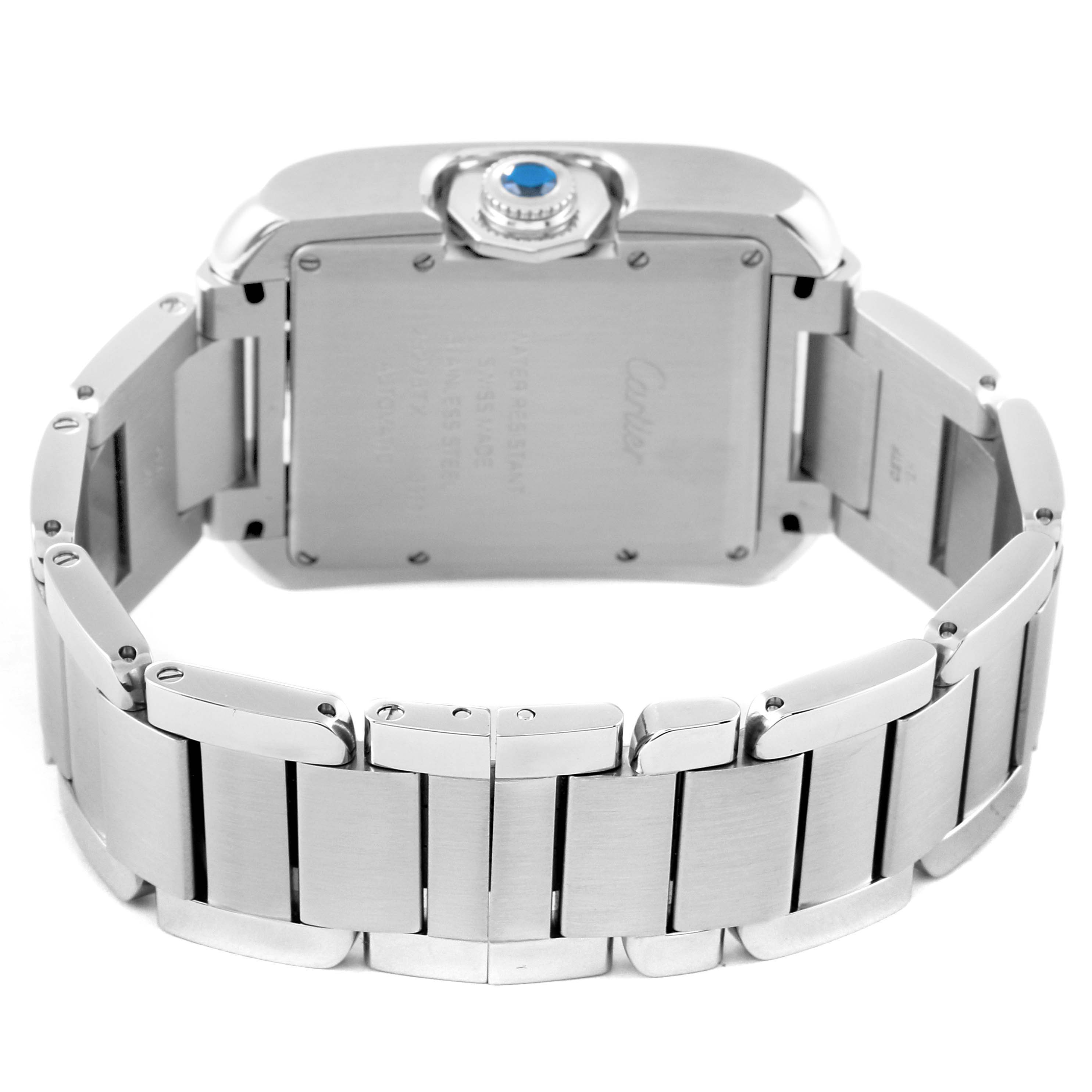This image shows the back and bracelet of a Cartier Tank Anglaise W5310009 Men
s Stainless Steel Silver Dial W5310009 Men
s Stainless Steel Silver Dial watch, including the sapphire crown.
