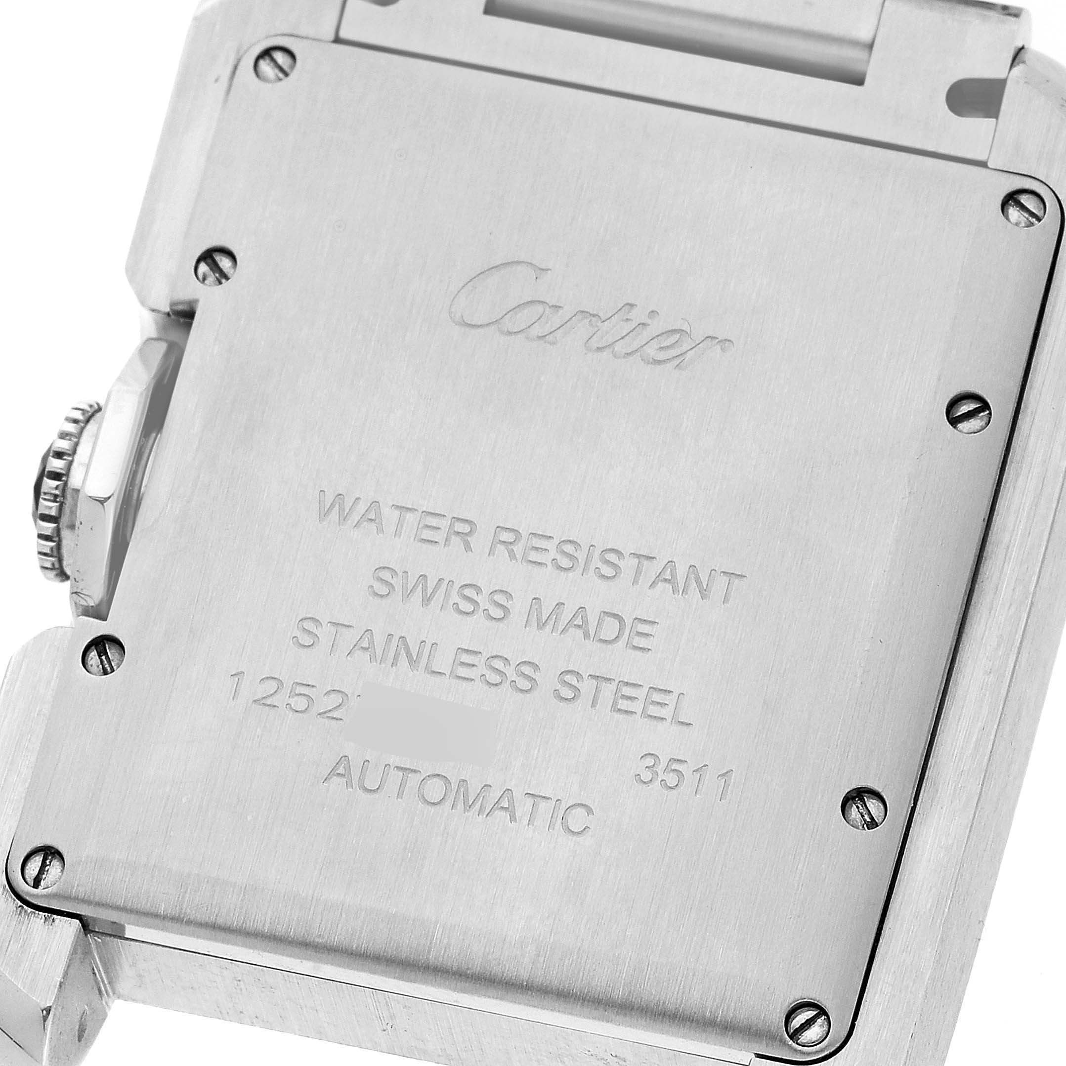 The image shows the back case of the Cartier Tank Anglaise W5310009 Men
s Stainless Steel Silver Dial W5310009 Men
s Stainless Steel Silver Dial watch, displaying text engraved detailing specifications.