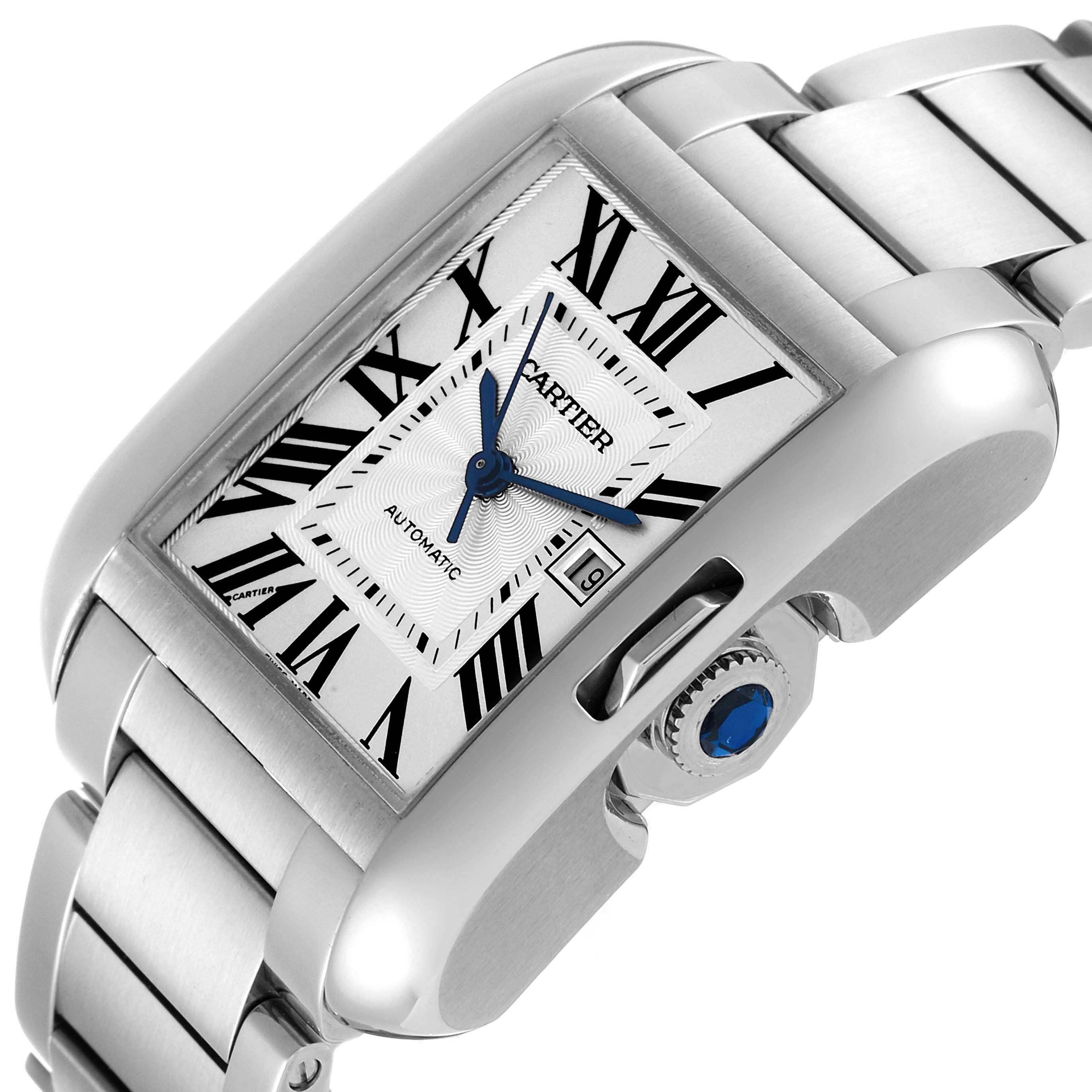This image shows a close-up angle of the Cartier Tank Anglaise W5310009 Men
s Stainless Steel Silver Dial W5310009 Men
s Stainless Steel Silver Dial watch, focusing on the dial, crown, and part of the bracelet.