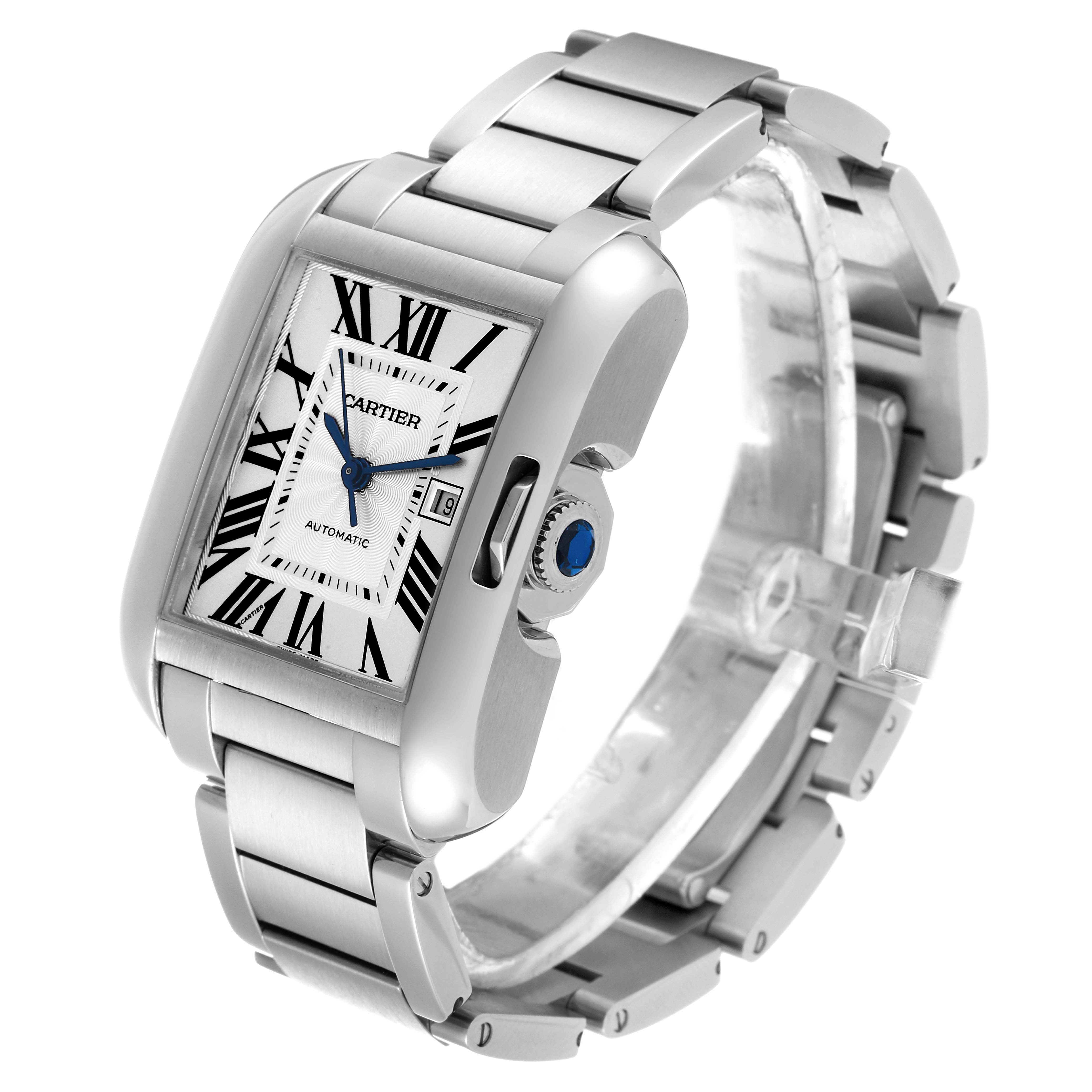 The image shows a Cartier Tank Anglaise W5310009 Men
s Stainless Steel Silver Dial W5310009 Men
s Stainless Steel Silver Dial watch at an angled side view, highlighting the face, bracelet, and crown with a blue gem.