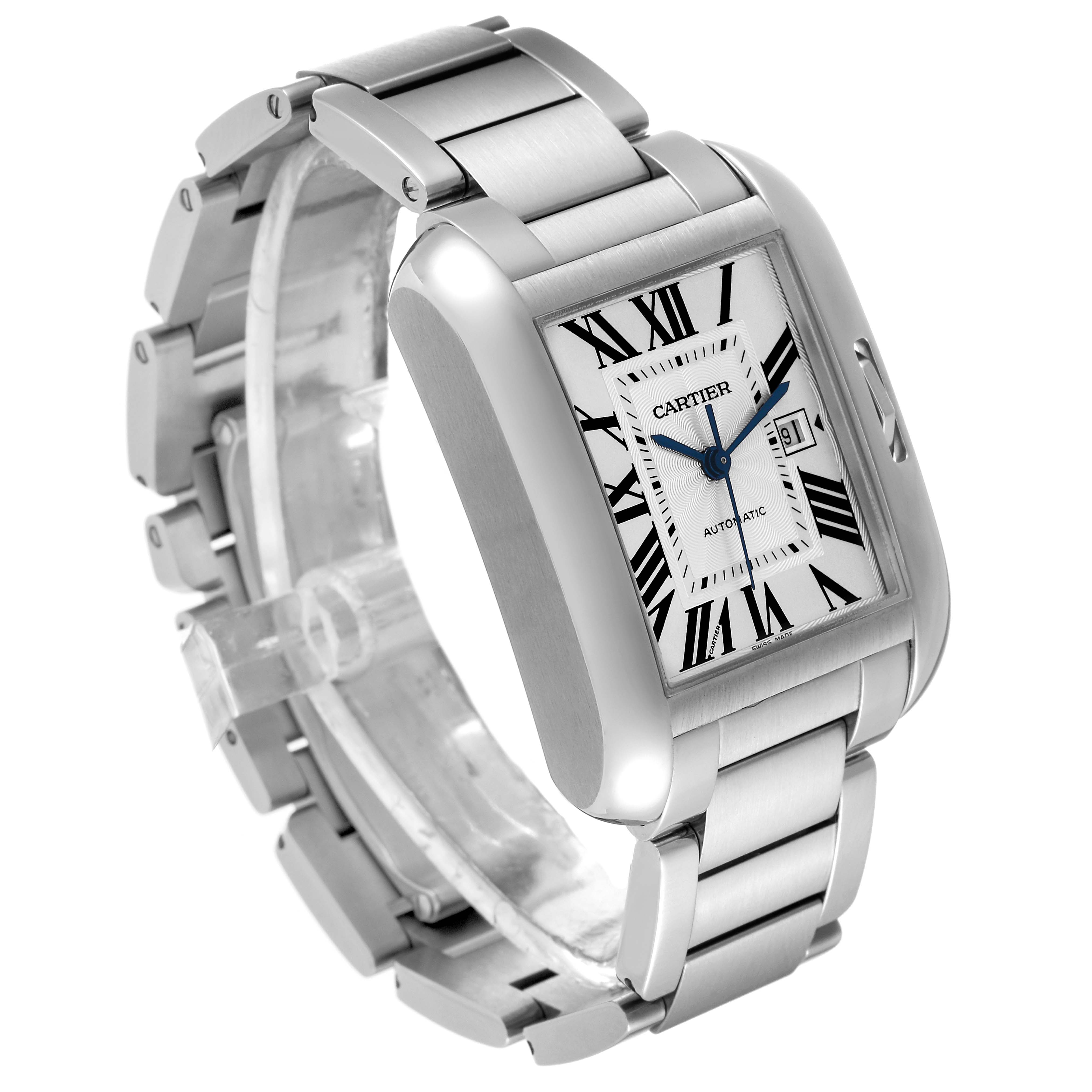 The image shows a Cartier Tank Anglaise W5310009 Men
s Stainless Steel Silver Dial W5310009 Men
s Stainless Steel Silver Dial watch from an angled side view, highlighting the face, bracelet, and side.