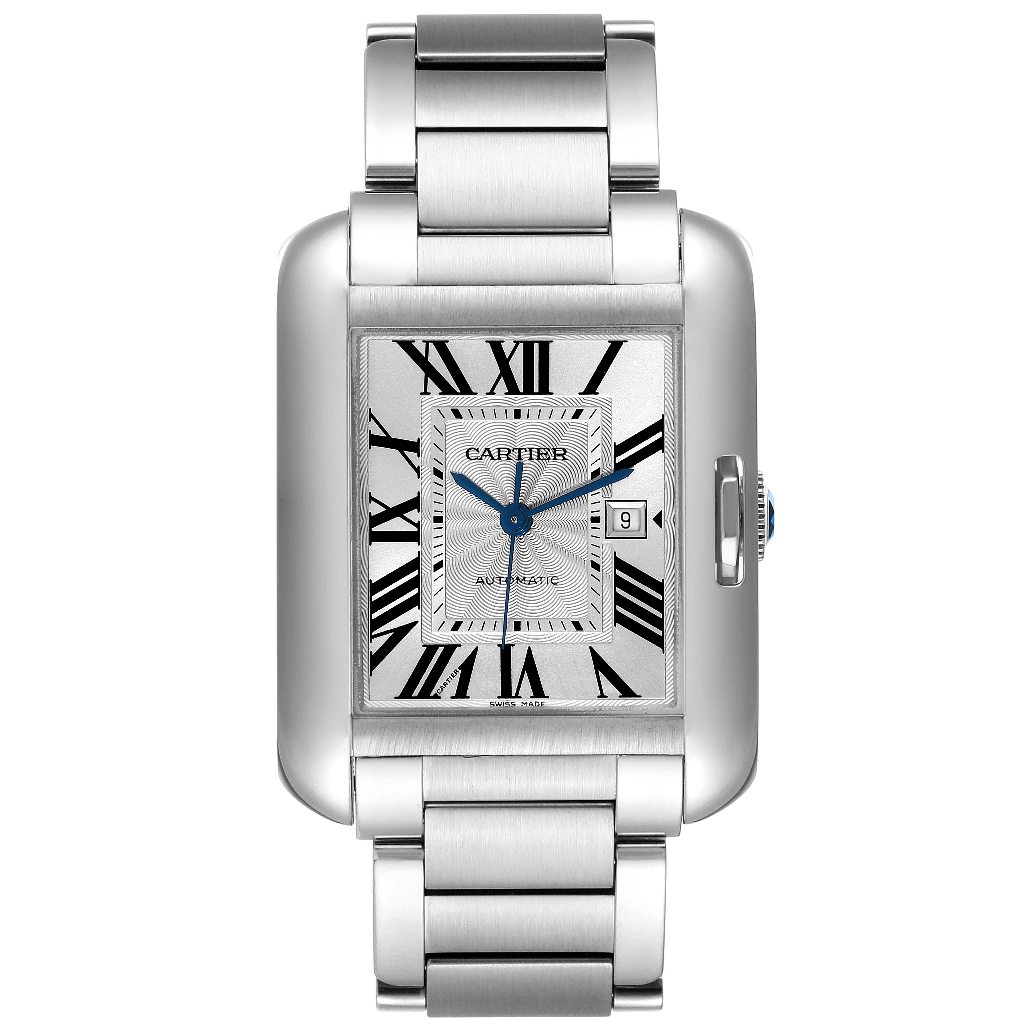 The image shows a frontal view of the Cartier Tank Anglaise W5310009 Men
s Stainless Steel Silver Dial W5310009 Men
s Stainless Steel Silver Dial watch, highlighting its rectangular face, Roman numerals, and metal bracelet.