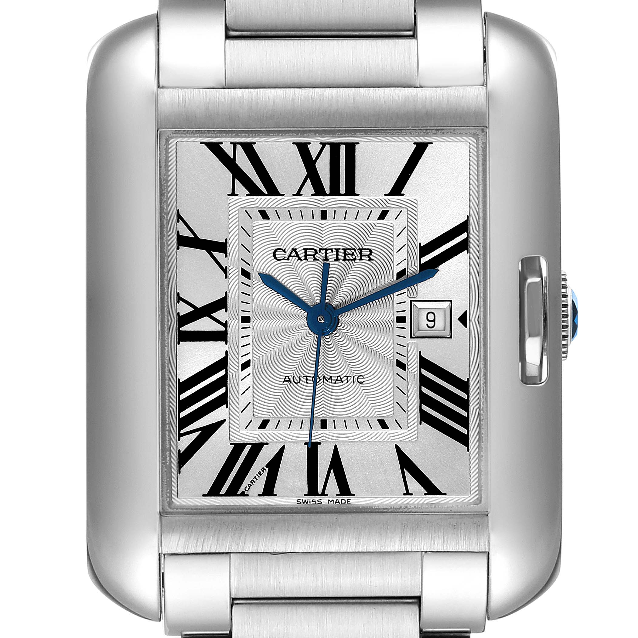 The image shows a close-up, frontal view of the Cartier Tank Anglaise W5310009 Men
s Stainless Steel Silver Dial W5310009 Men
s Stainless Steel Silver Dial watch face and part of the metal bracelet.