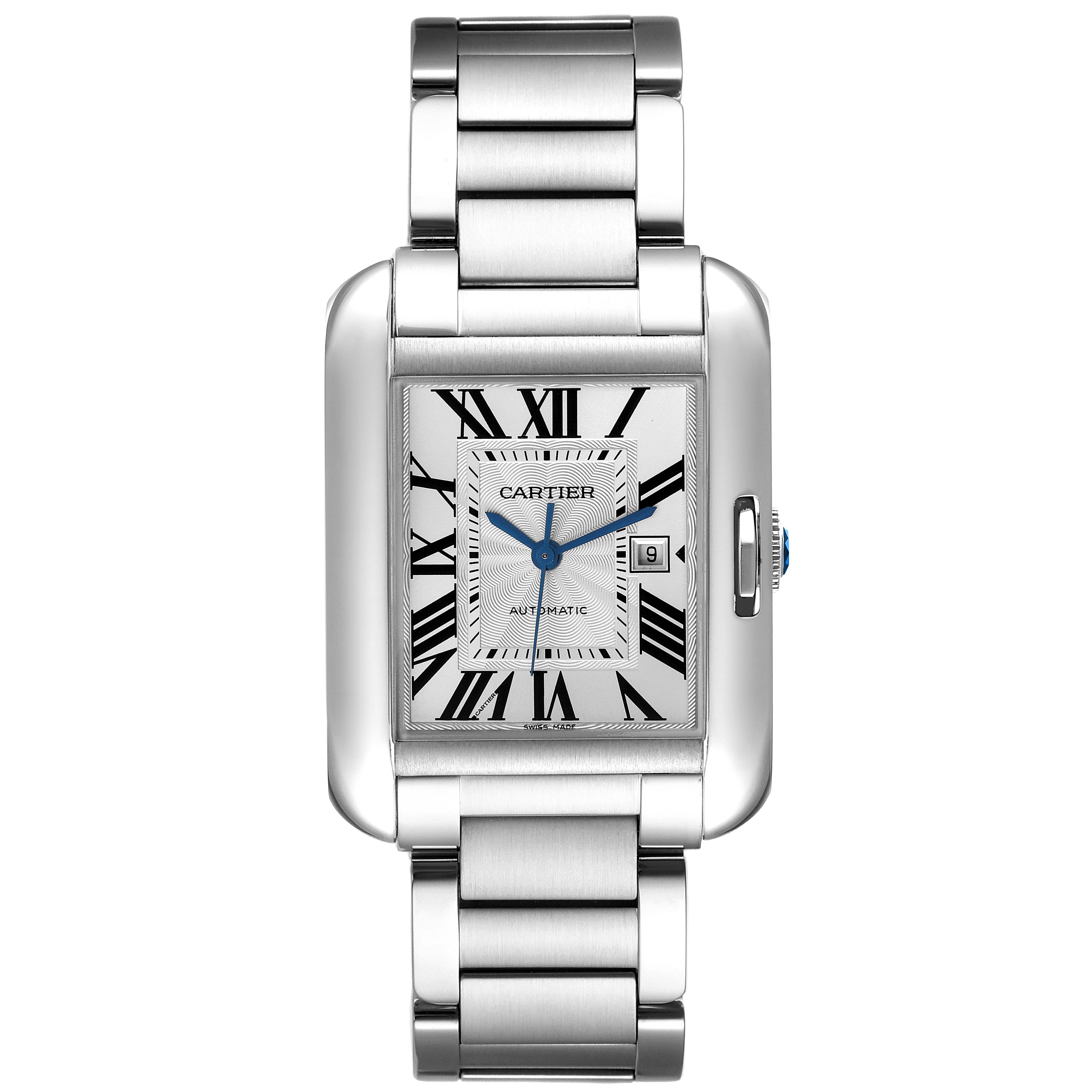 This image shows a front view of a Cartier Tank Anglaise W5310009 Men
s Stainless Steel Silver Dial W5310009 Men
s Stainless Steel Silver Dial watch, featuring its face, bracelet, and crown.