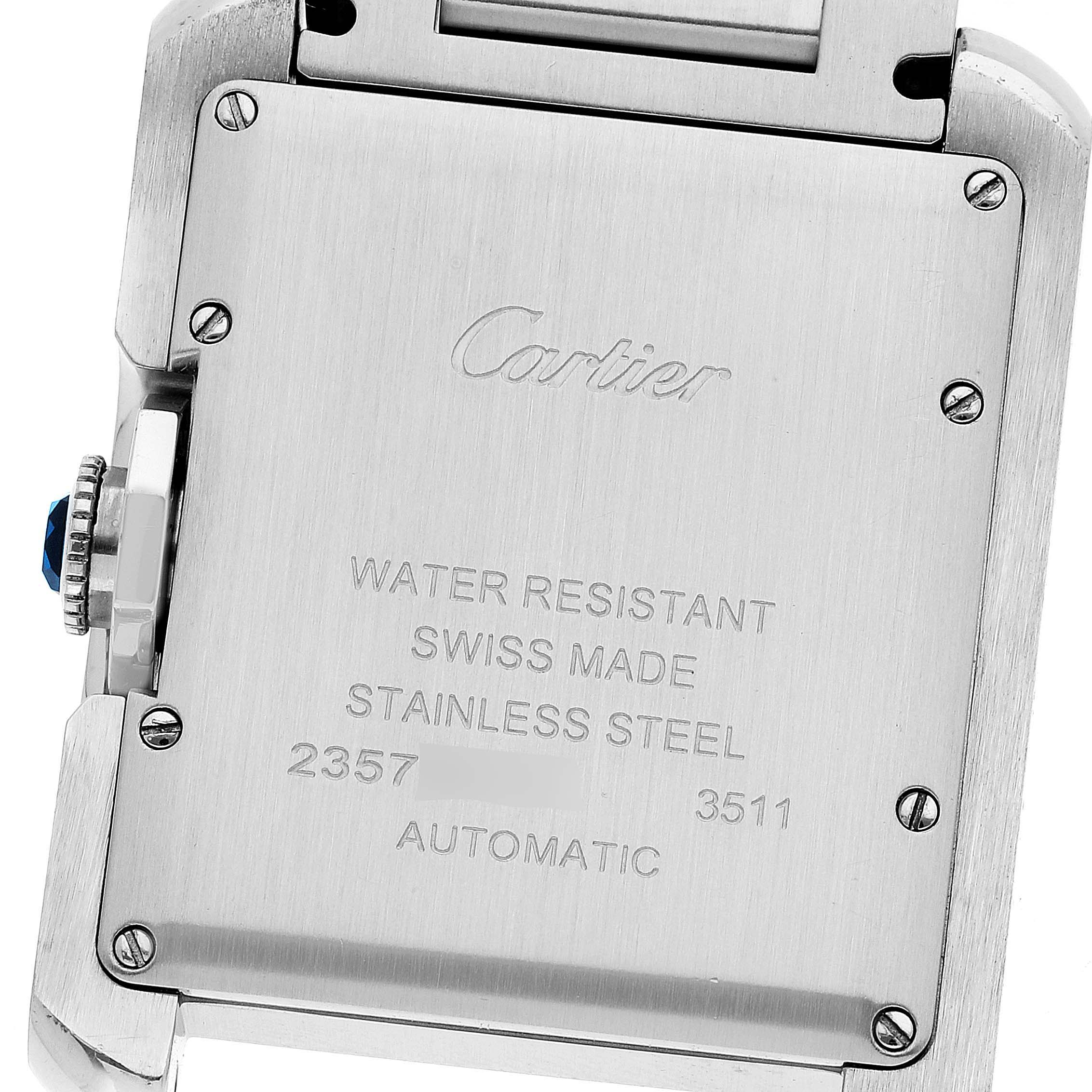 The image shows the back case of a Cartier Tank Anglaise W5310009 Men
s Stainless Steel Silver Dial W5310009 Men
s Stainless Steel Silver Dial watch, highlighting the brand engraving and specifications.