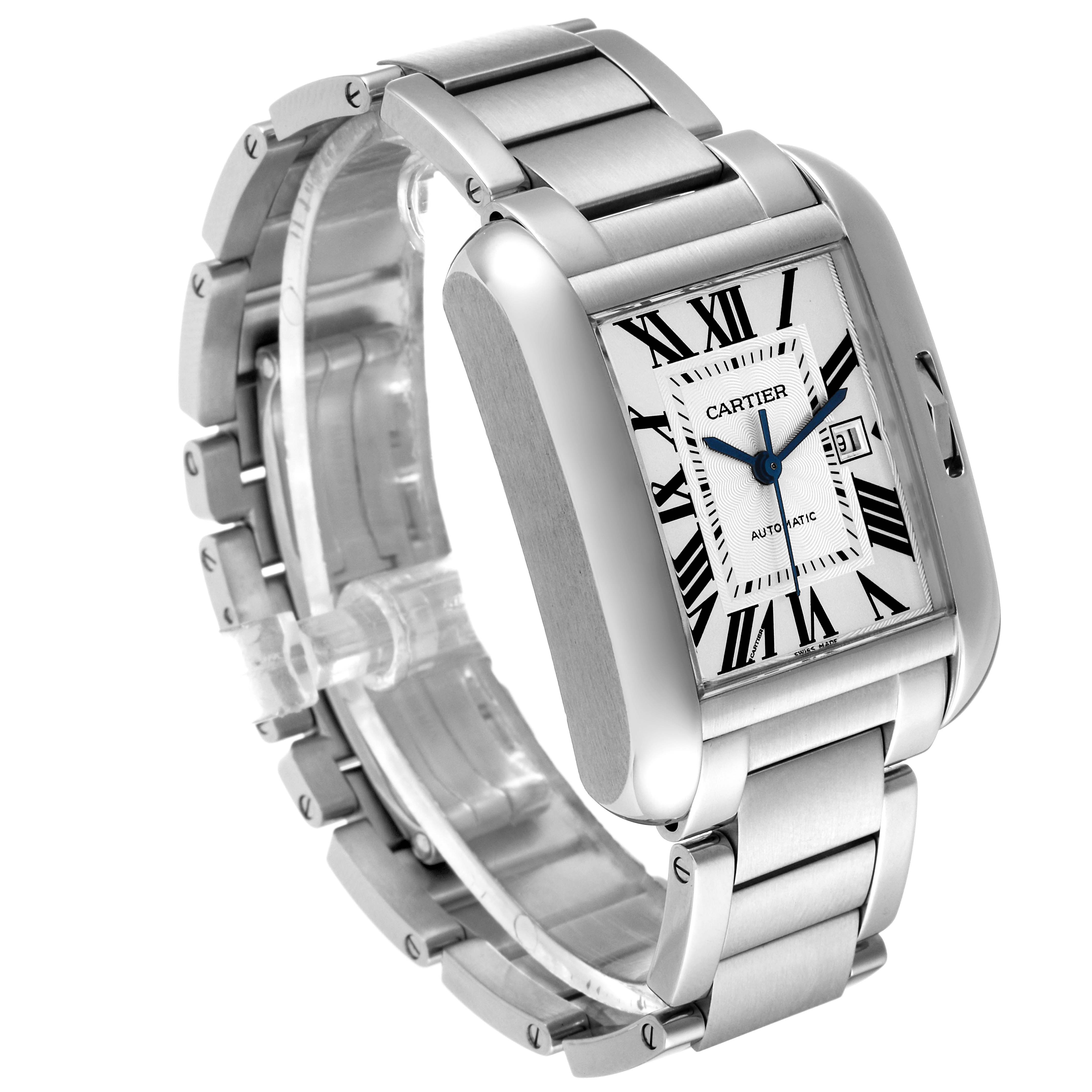 The image shows a front angled view of the Cartier Tank Anglaise W5310009 Men
s Stainless Steel Silver Dial W5310009 Men
s Stainless Steel Silver Dial watch, highlighting its face, bezel, and metallic bracelet.