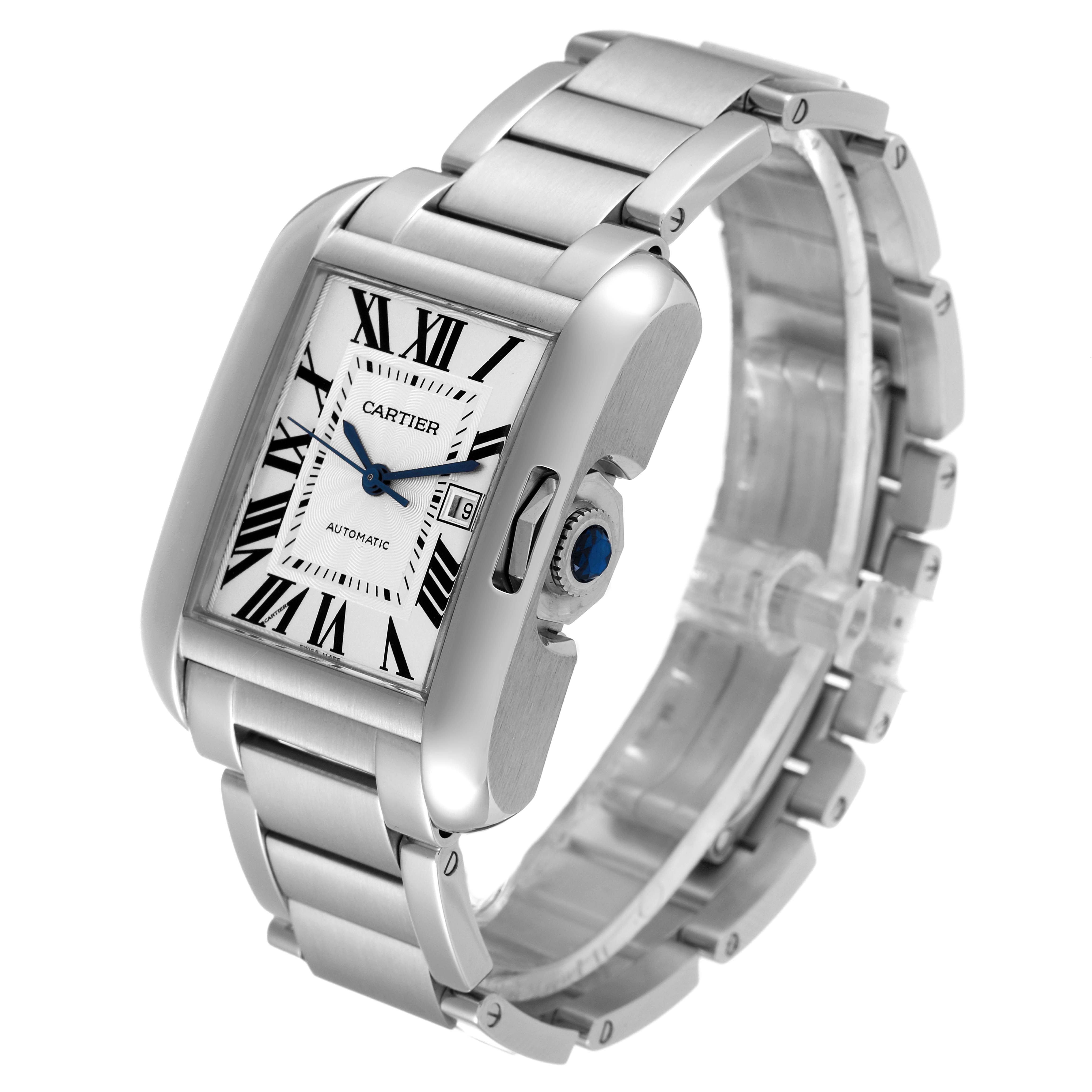 The image shows a Cartier Tank Anglaise W5310009 Men
s Stainless Steel Silver Dial W5310009 Men
s Stainless Steel Silver Dial watch from a front angle, highlighting its rectangular face, bracelet, and crown.
