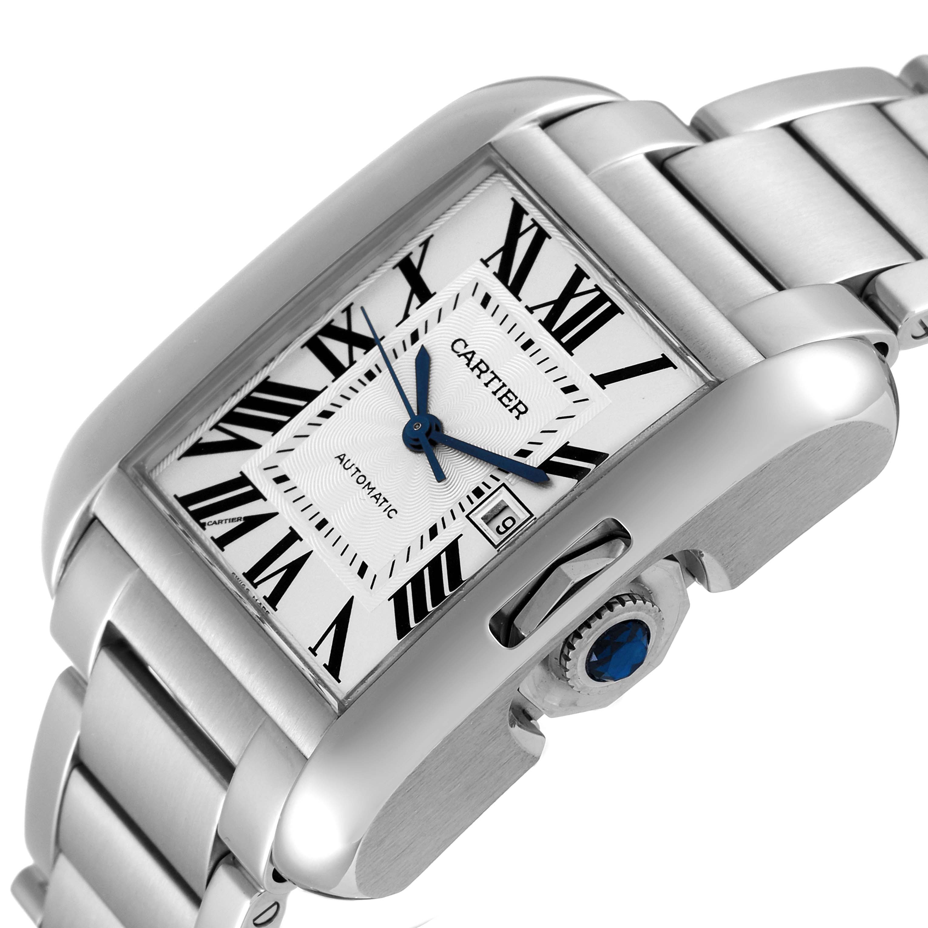 This Cartier Tank Anglaise W5310009 Men
s Stainless Steel Silver Dial W5310009 Men
s Stainless Steel Silver Dial watch is shown in a close-up angled view, highlighting its dial, crown, and metal bracelet.