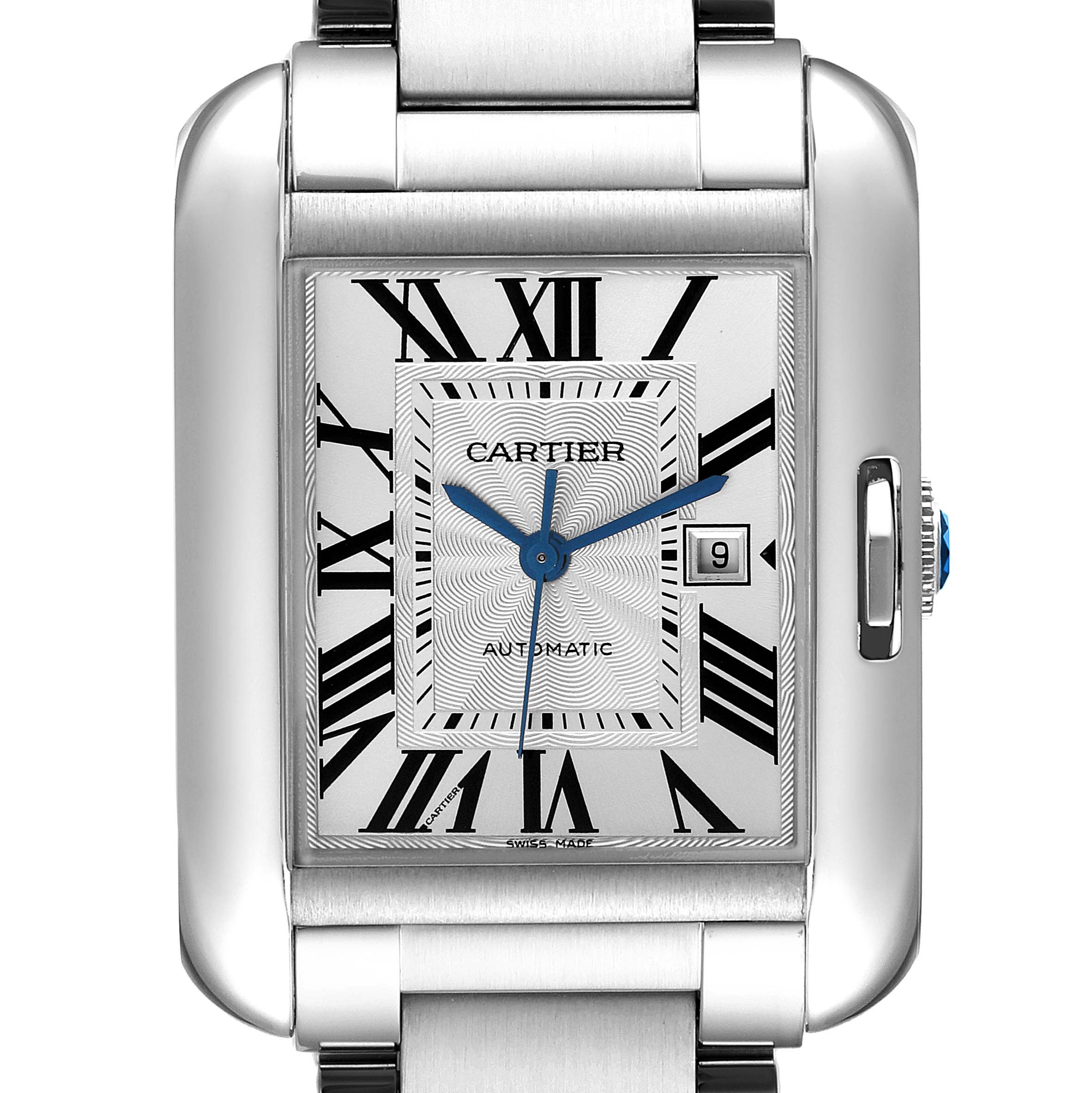 This image shows a Cartier Tank Anglaise W5310009 Men
s Stainless Steel Silver Dial W5310009 Men
s Stainless Steel Silver Dial watch face with Roman numerals, a date window, and metal strap links.