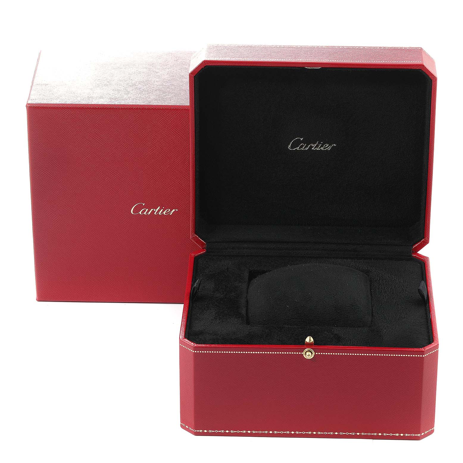 The image shows an open Cartier watch box and an outer box for the Tank Anglaise model.