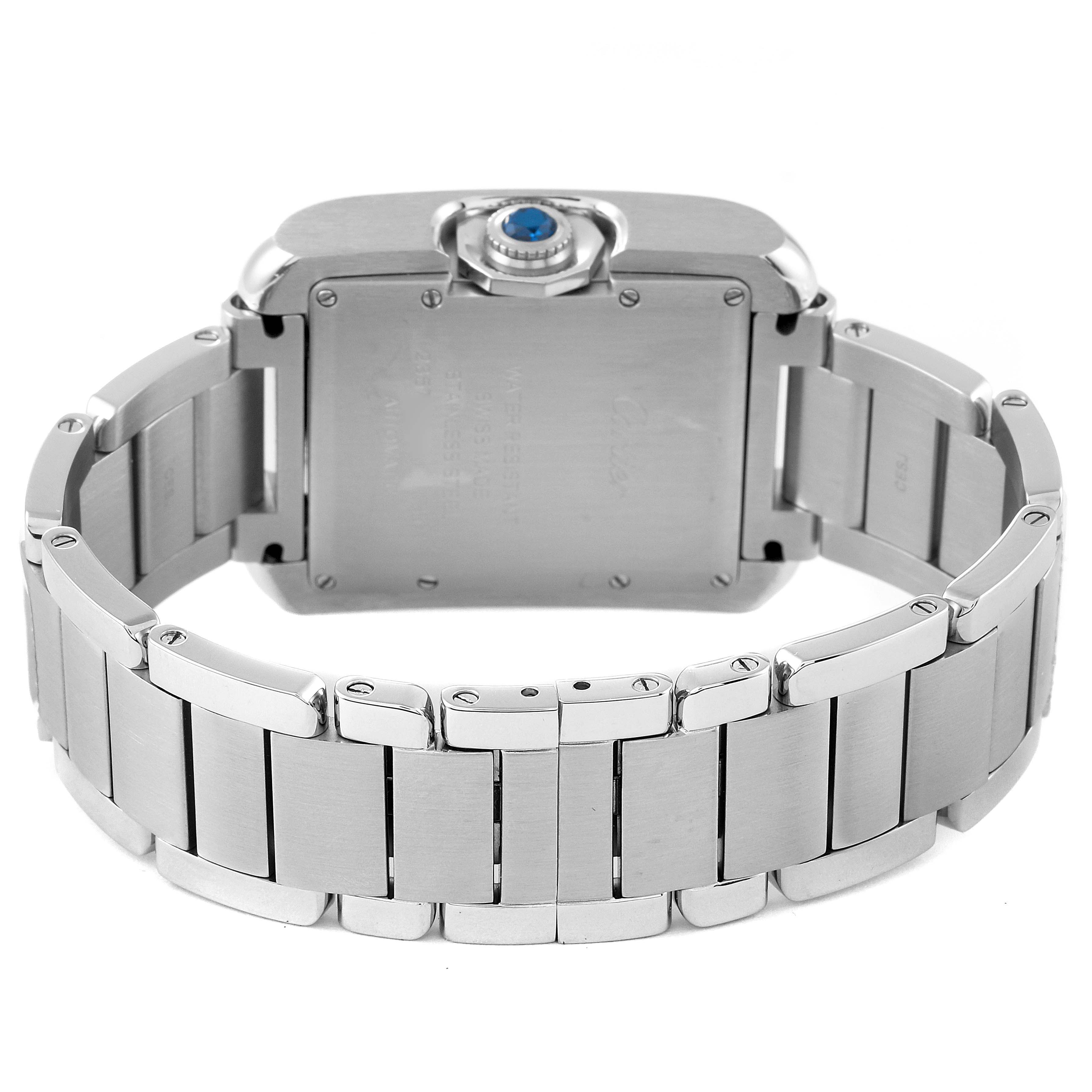 This image shows the back view of a Cartier Tank Anglaise W5310009 Men
s Stainless Steel Silver Dial W5310009 Men
s Stainless Steel Silver Dial watch, highlighting the bracelet and case back.