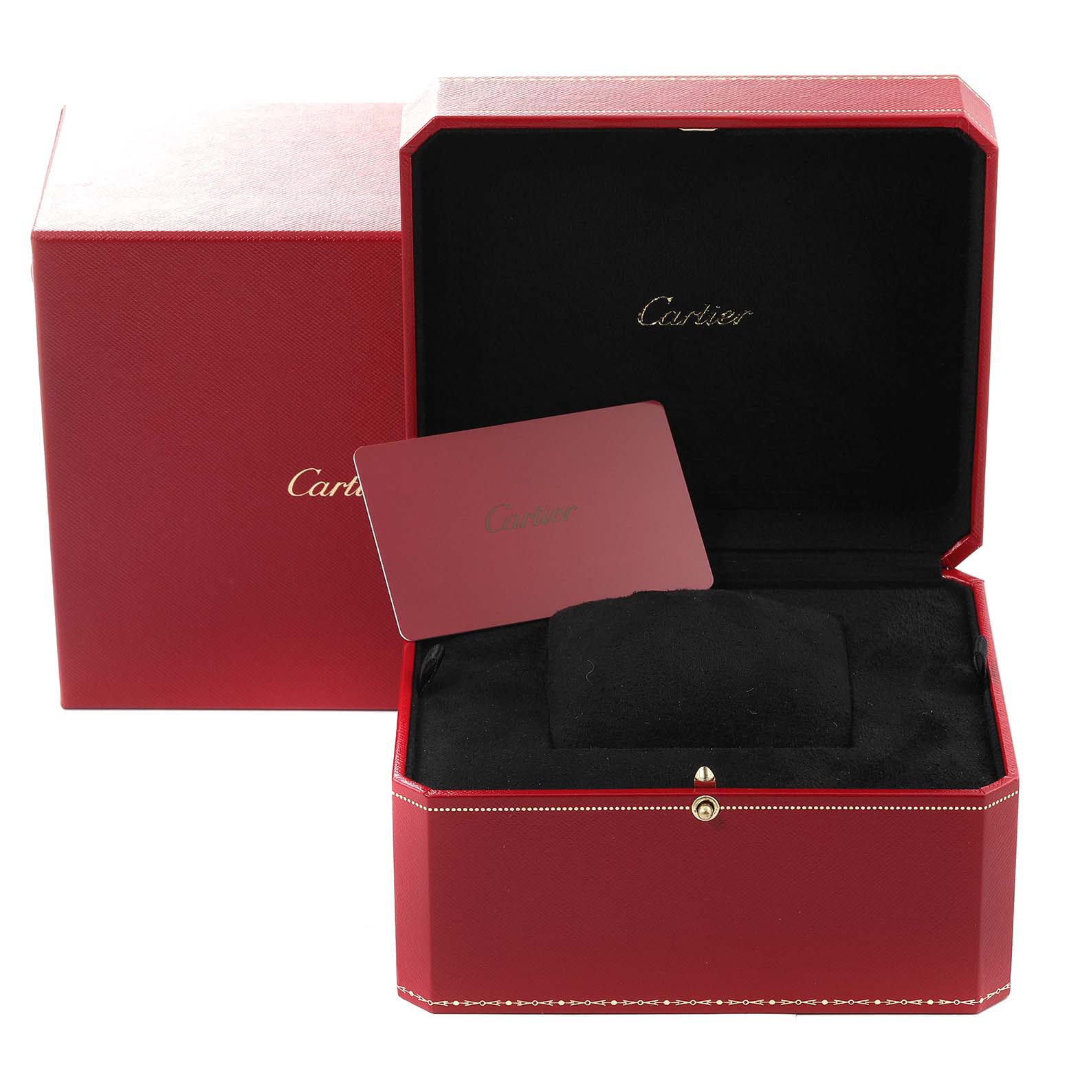 The image shows the red Cartier box and cushion for the Tank Française model, along with a card and outer box.