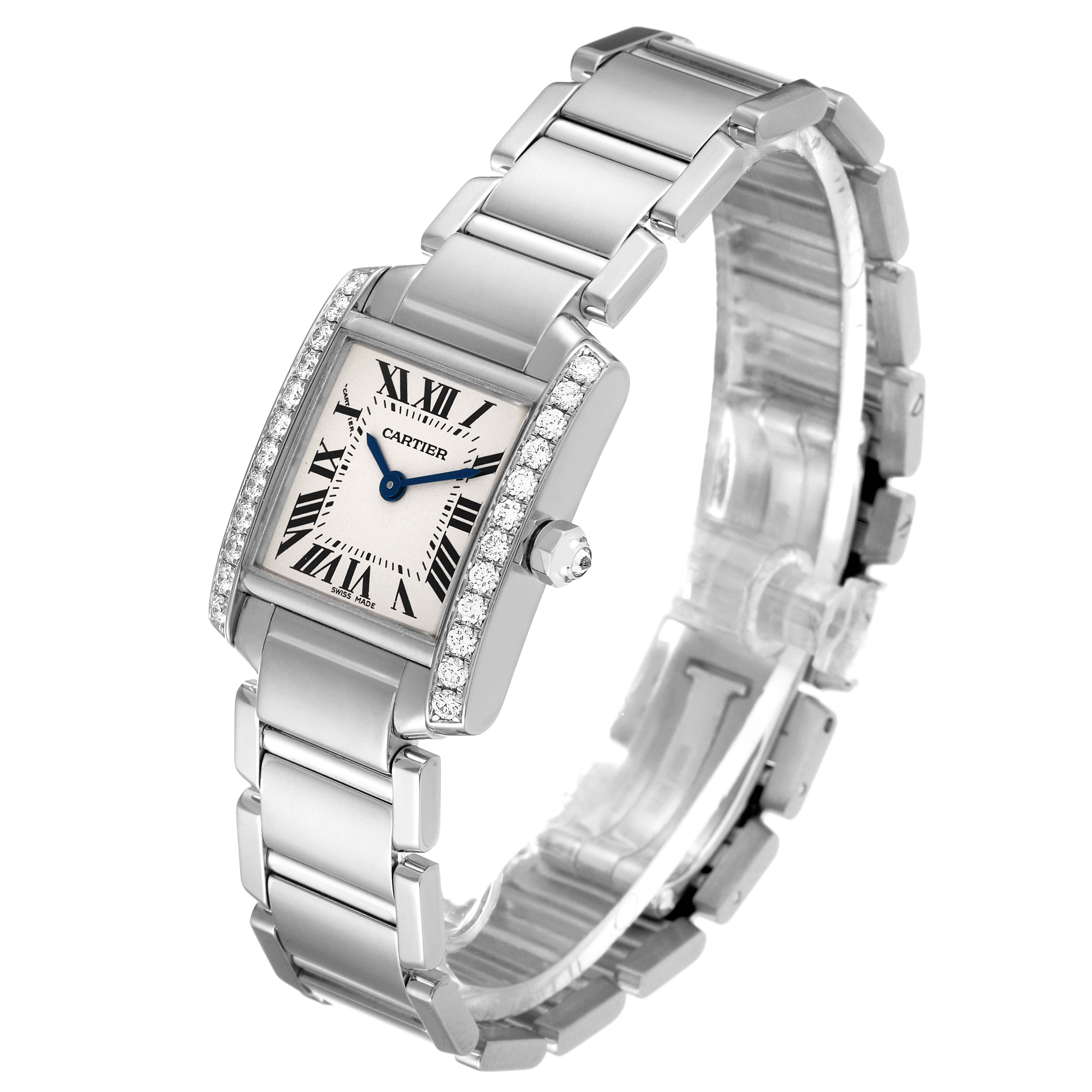 The Cartier Tank Francaise WE1002S3 Women's White Gold Silver Dial WE1002S3 Women's White Gold Silver Dial watch is shown at an angle displaying the front face, bezel, bracelet, and crown.