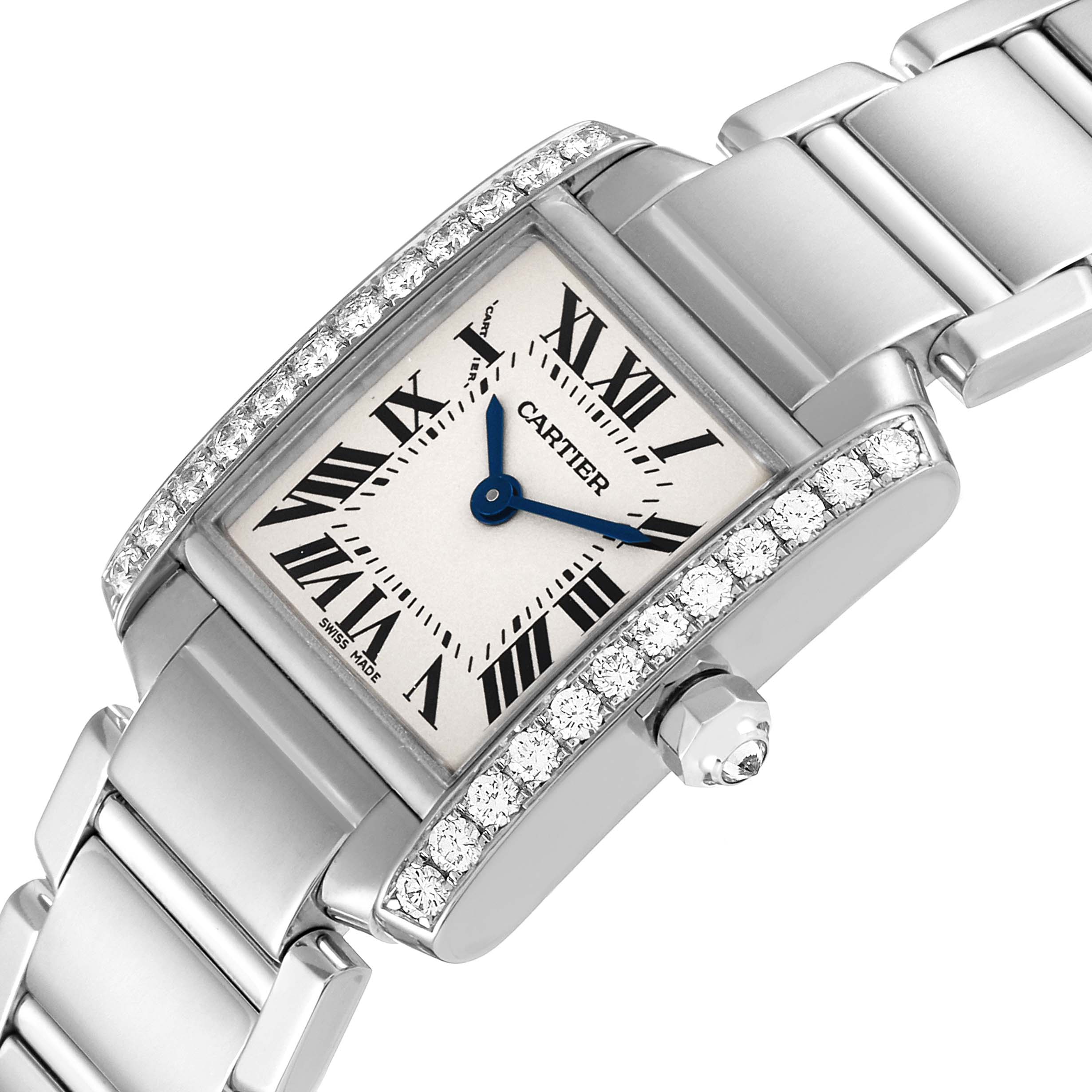 This Cartier Tank Française watch is shown close-up, highlighting its face, bezel, bracelet, and crown from a tilted angle.