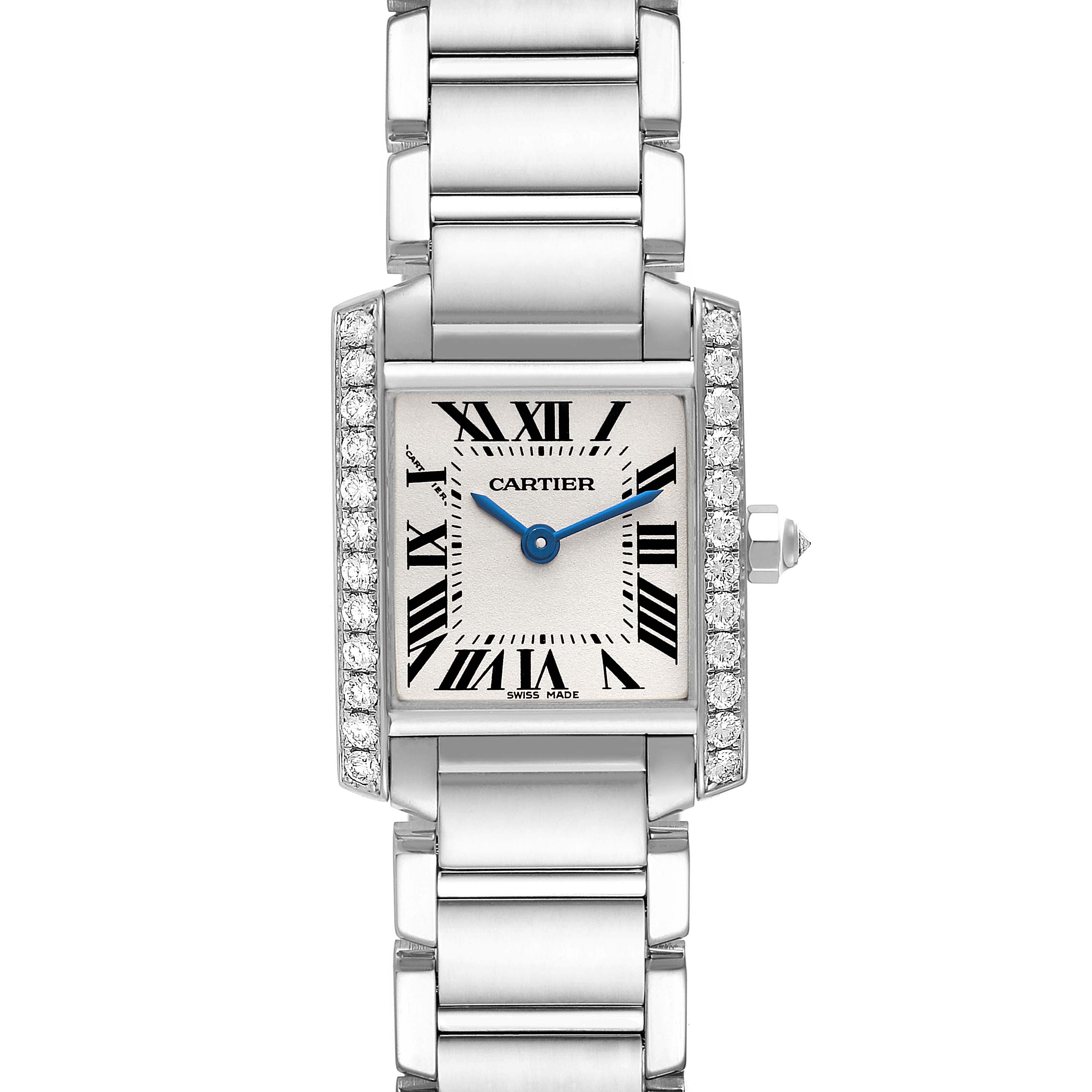 The image shows a head-on view of the Cartier Tank Francaise WE1002S3 Women's White Gold Silver Dial WE1002S3 Women's White Gold Silver Dial watch, featuring its rectangular face, Roman numerals, and bracelet.