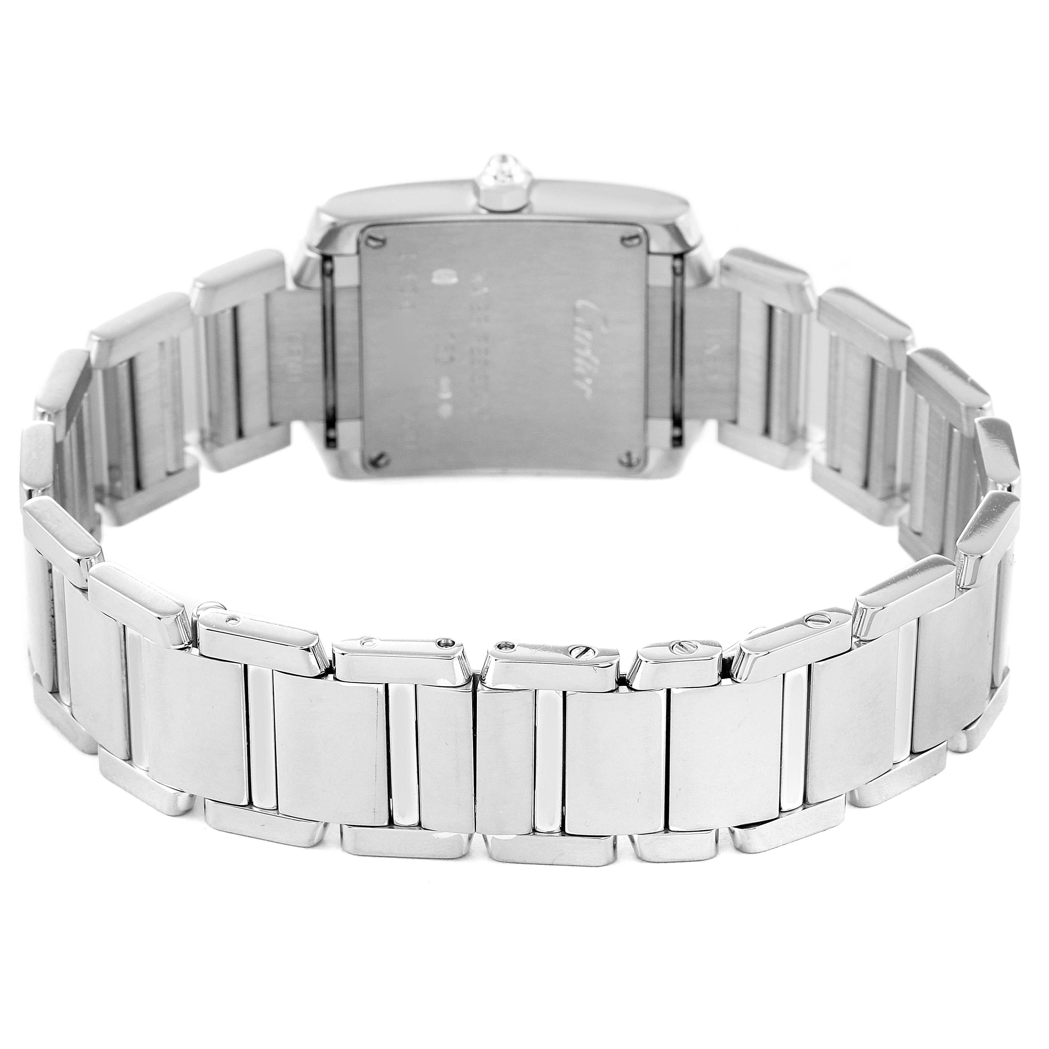 The image shows the back view of a Cartier Tank Francaise WE1002S3 Women's White Gold Silver Dial WE1002S3 Women's White Gold Silver Dial watch, highlighting the stainless steel bracelet and case back.
