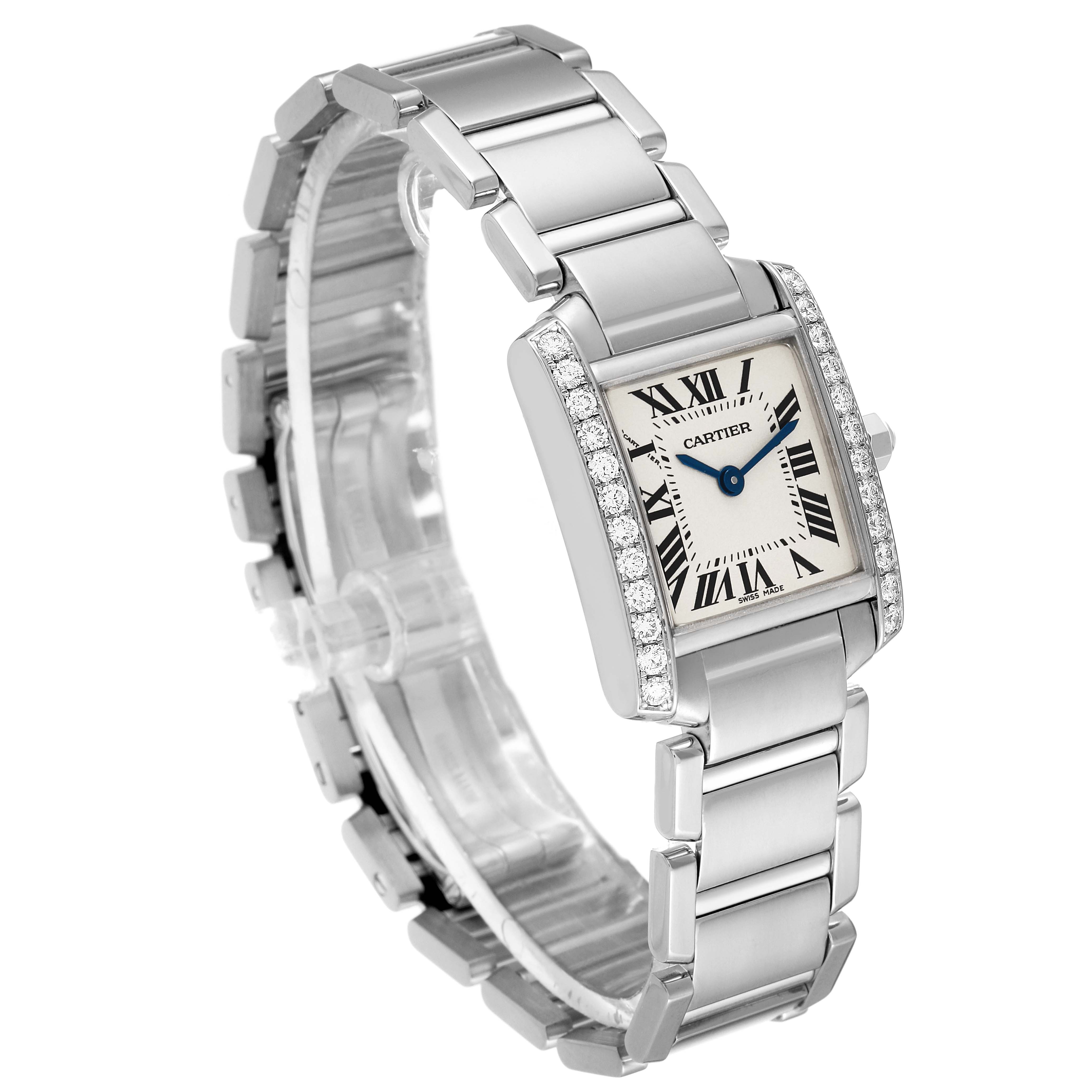 The image shows a Cartier Tank Francaise WE1002S3 Women's White Gold Silver Dial WE1002S3 Women's White Gold Silver Dial watch from an angled view, highlighting the face, bracelet, and diamond accents.