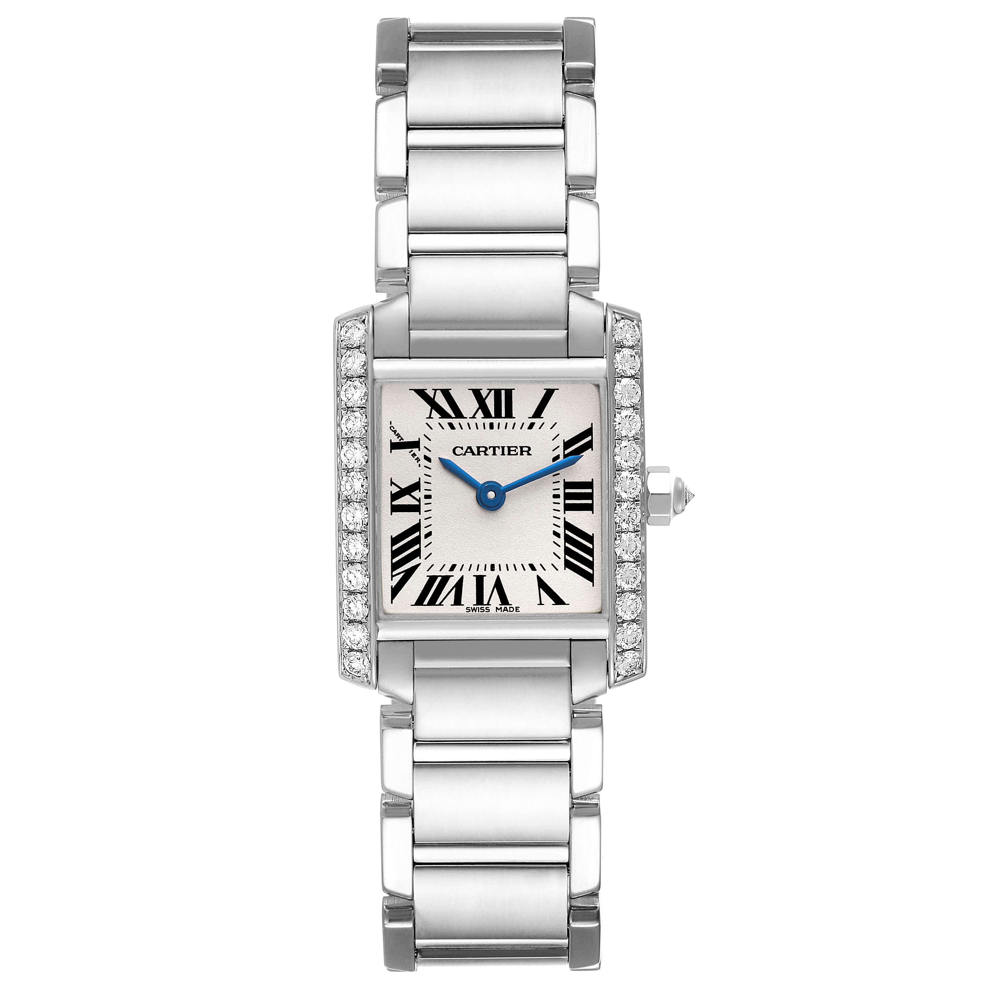 The Tank Francaise watch by Cartier is shown from the front, displaying the face, bracelet, and diamond-studded bezel.