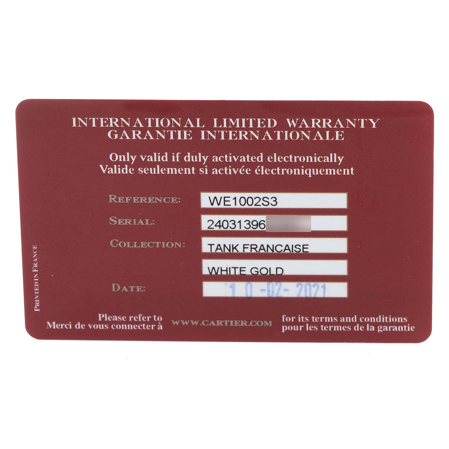 The image shows a warranty card for the Cartier Tank Francaise WE1002S3 Women's White Gold Silver Dial WE1002S3 Women's White Gold Silver Dial watch model.
