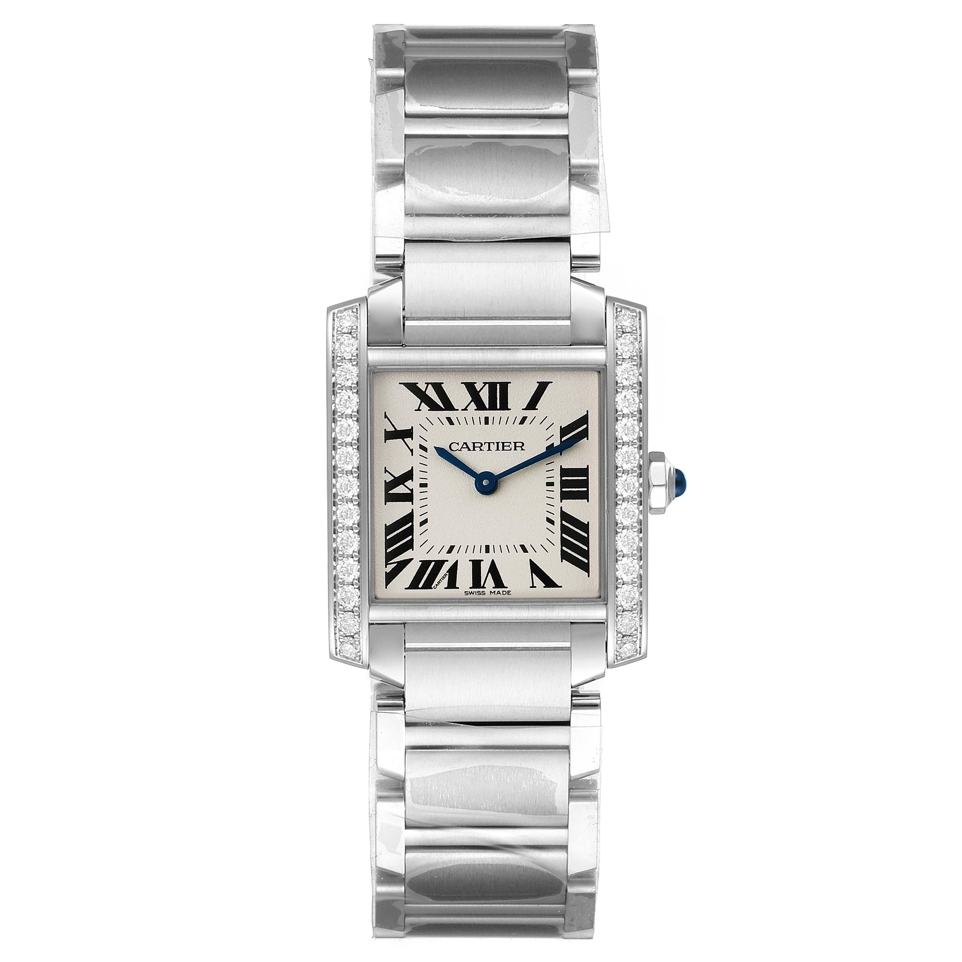 The image shows a frontal view of a Cartier Tank Francaise W4TA0009 Women's Stainless Steel Silver Dial W4TA0009 Women's Stainless Steel Silver Dial watch with its bracelet and diamond-set case.