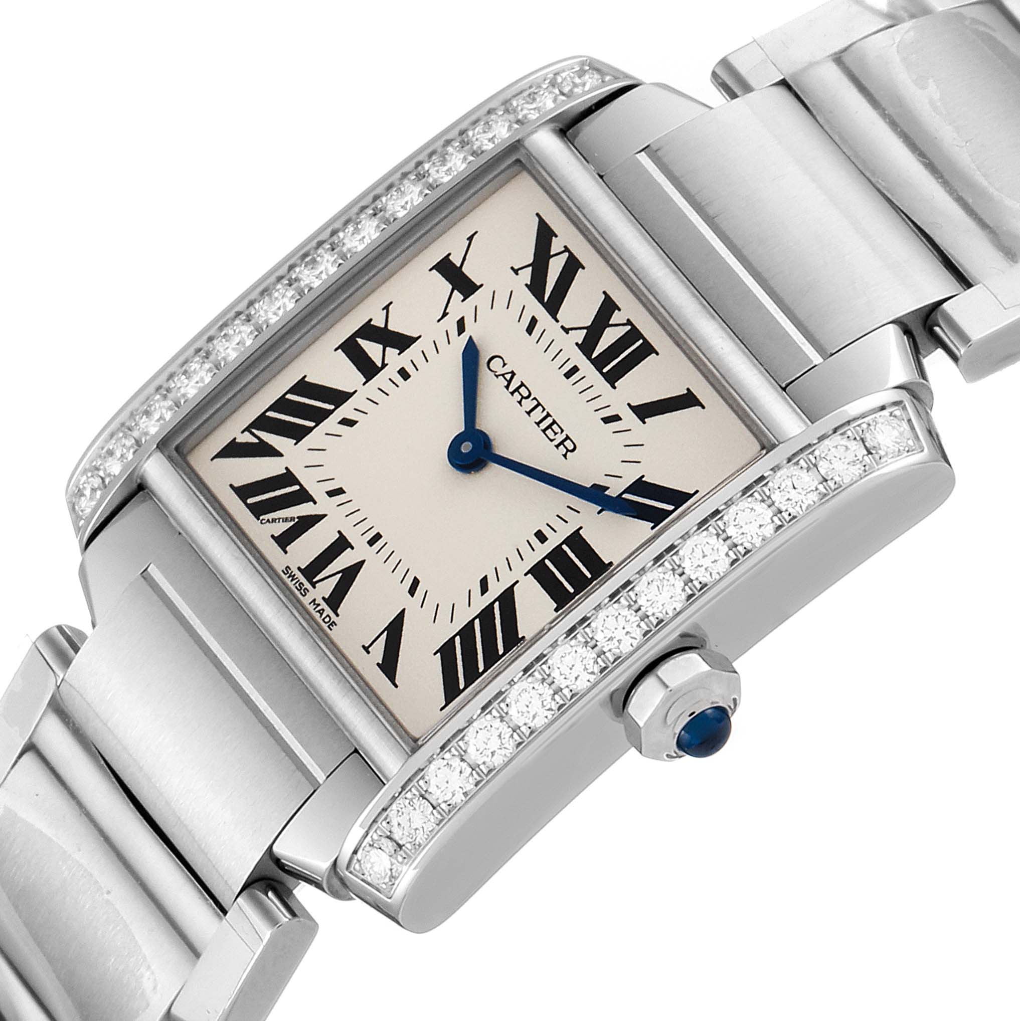 The Cartier Tank Francaise W4TA0009 Women's Stainless Steel Silver Dial W4TA0009 Women's Stainless Steel Silver Dial watch is shown from a close-up angle, displaying the face, bracelet, and diamond-set bezel.