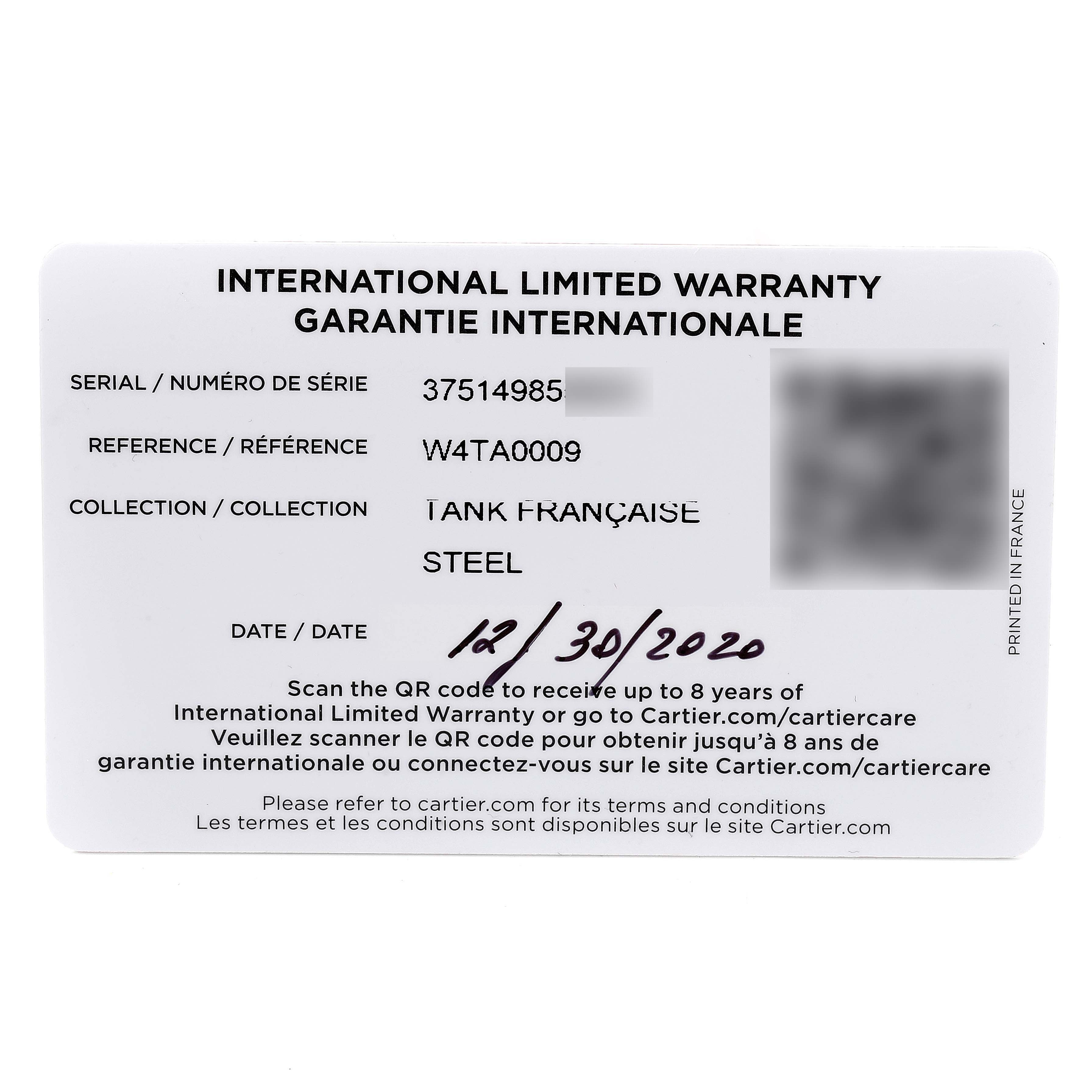 The image shows an international limited warranty card for the Cartier Tank Française model.