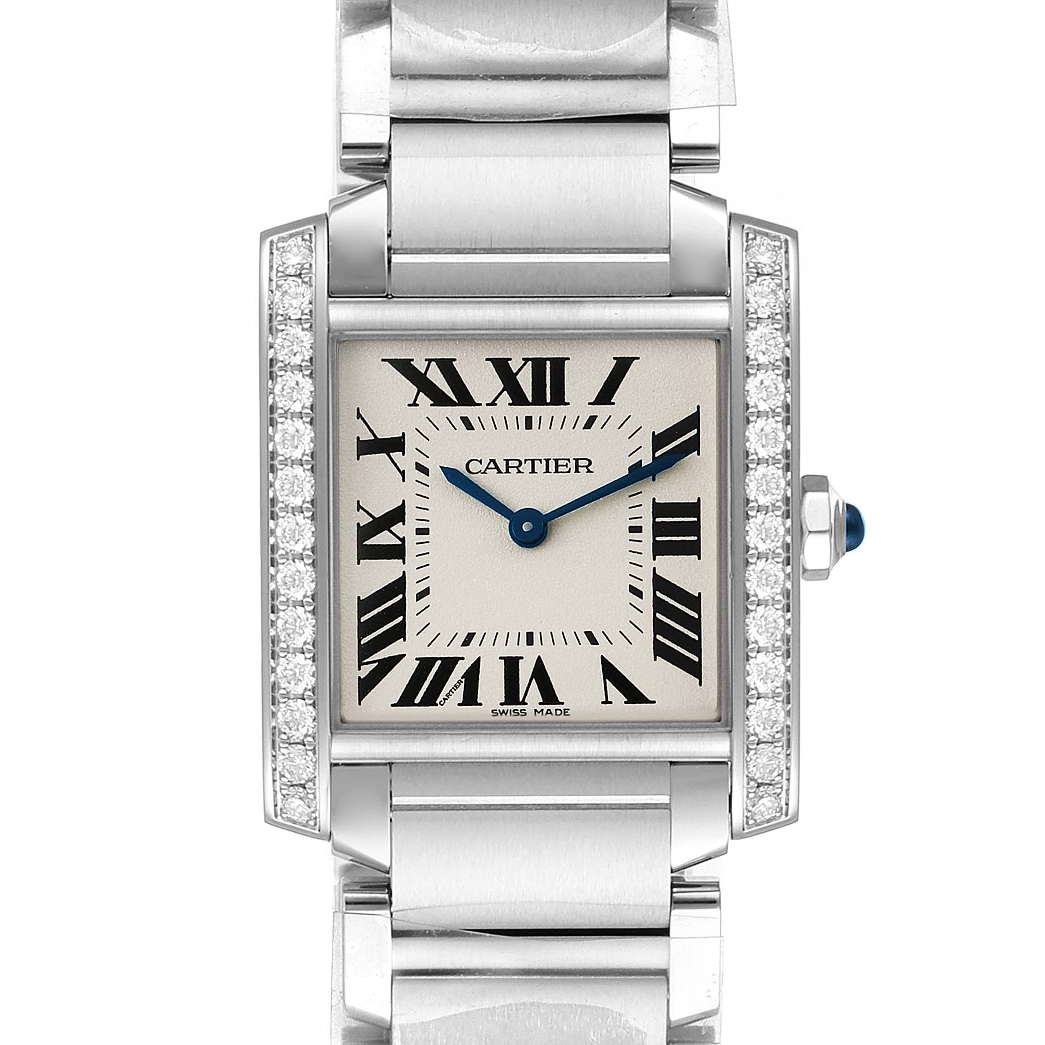 The image shows a frontal view of the Cartier Tank Francaise W4TA0009 Women's Stainless Steel Silver Dial W4TA0009 Women's Stainless Steel Silver Dial watch, highlighting the face, bezel, and part of the bracelet.