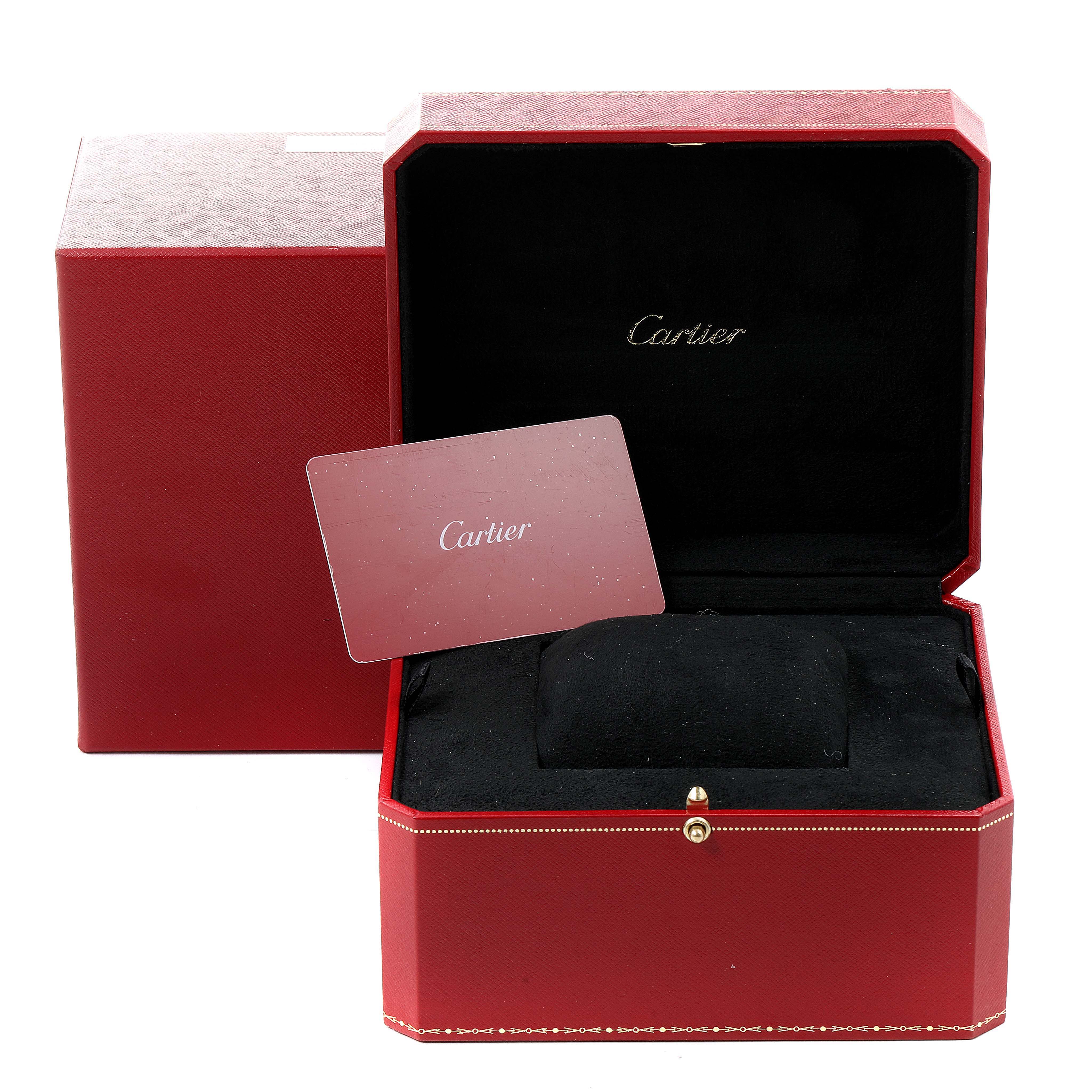 The image shows the red box of a Cartier Tank Francaise W4TA0009 Women's Stainless Steel Silver Dial W4TA0009 Women's Stainless Steel Silver Dial watch, including the inner cushion and a Cartier card.