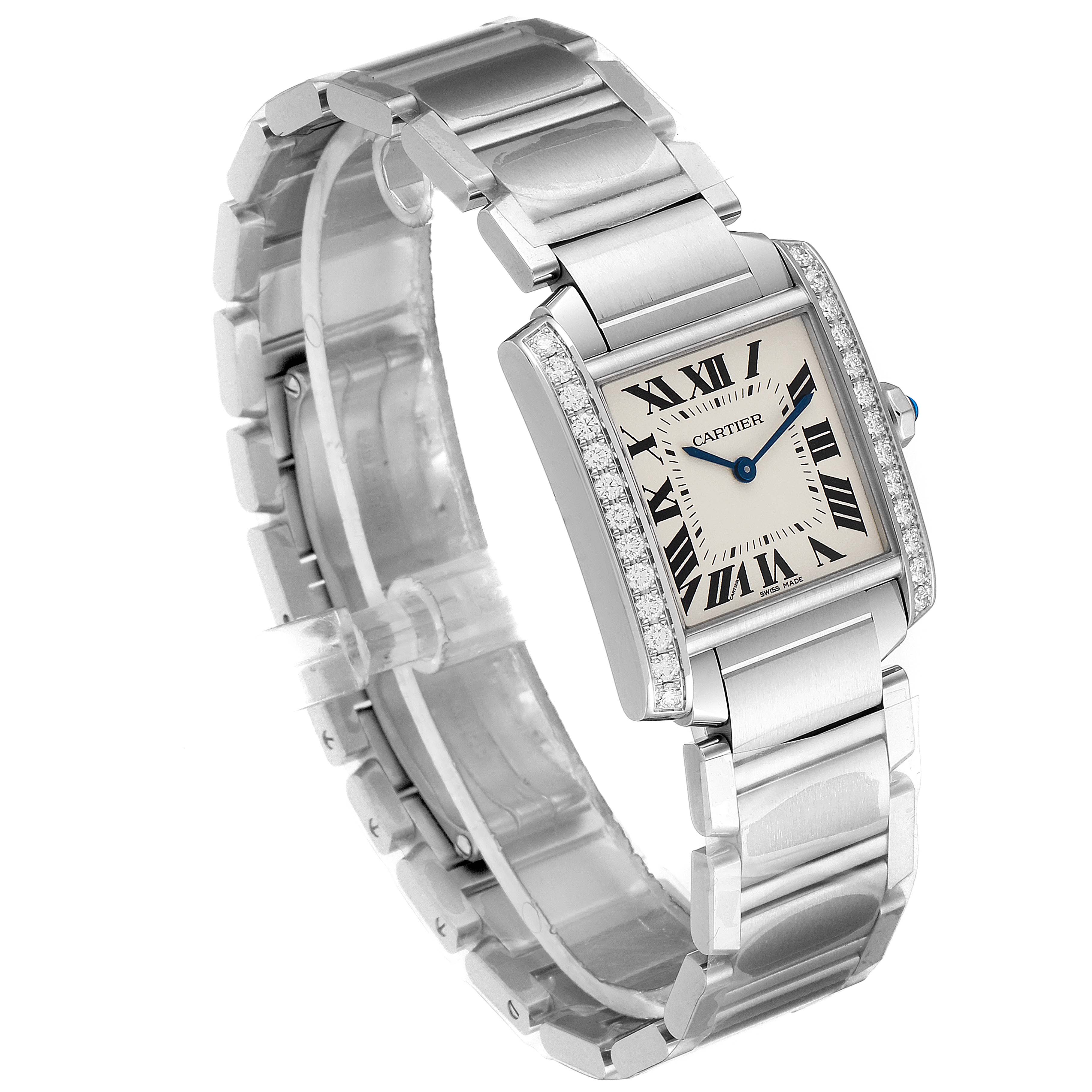 The angle shows the Cartier Tank Francaise W4TA0009 Women's Stainless Steel Silver Dial W4TA0009 Women's Stainless Steel Silver Dial watch diagonally from the side, displaying its bracelet and dial with Roman numerals.