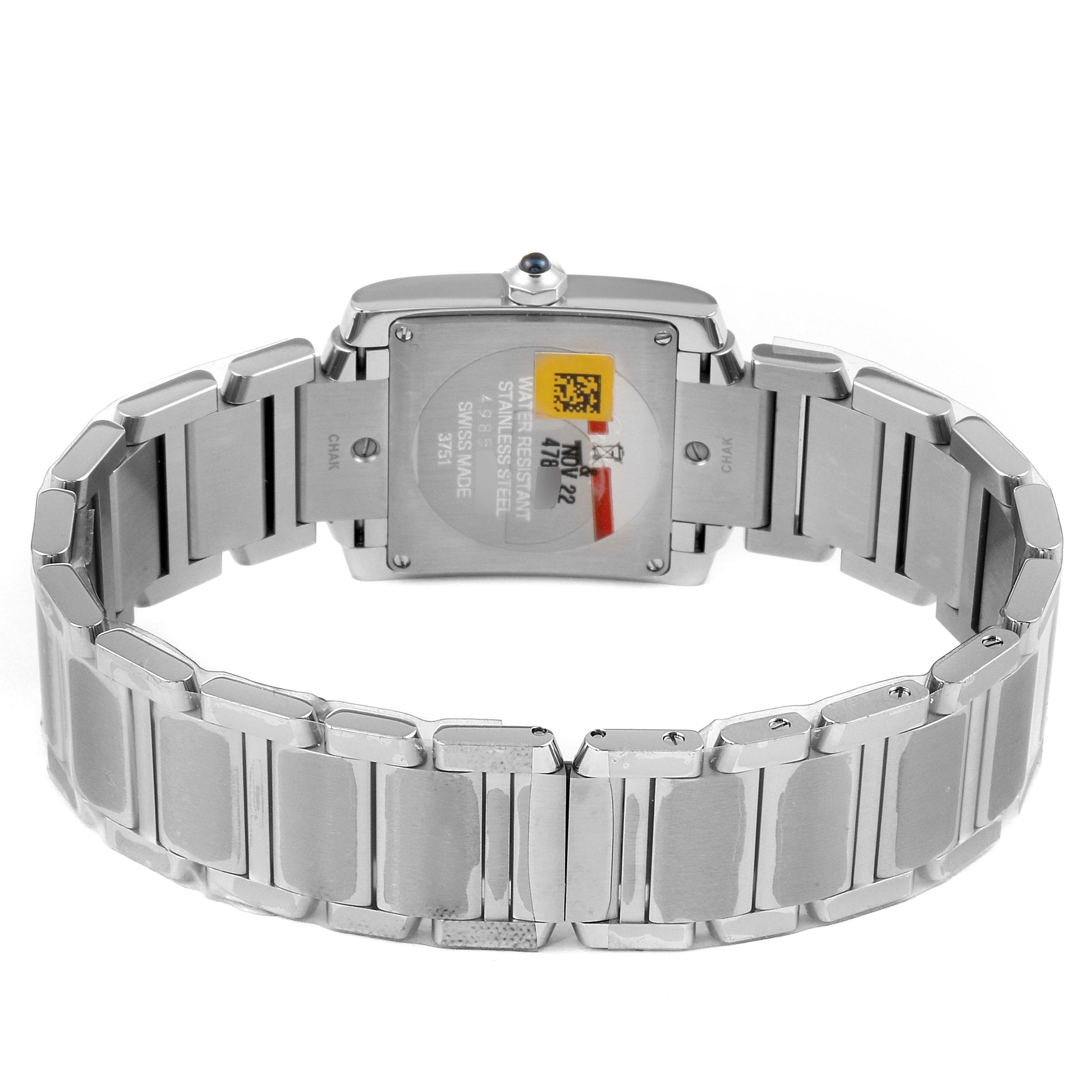 The image shows the back view of the Cartier Tank Francaise W4TA0009 Women's Stainless Steel Silver Dial W4TA0009 Women's Stainless Steel Silver Dial watch, displaying its stainless steel case and bracelet.