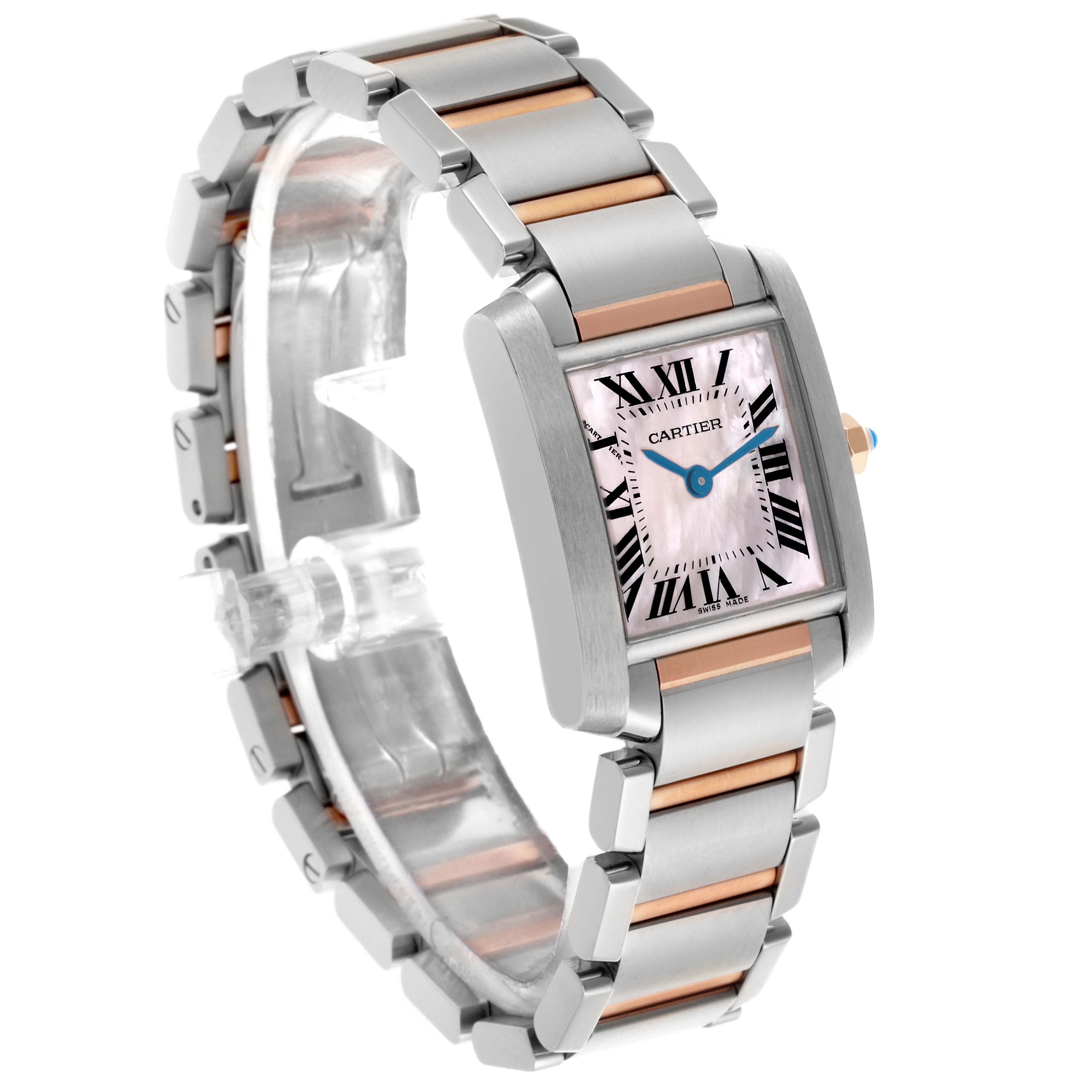 The Cartier Tank Francaise W51027Q4 Women's Steel and Gold (two tone) Mother of Pearl Dial W51027Q4 Women's Steel and Gold (two tone) Mother of Pearl Dial watch is shown at a three-quarter angle, highlighting its case, bracelet, and dial.