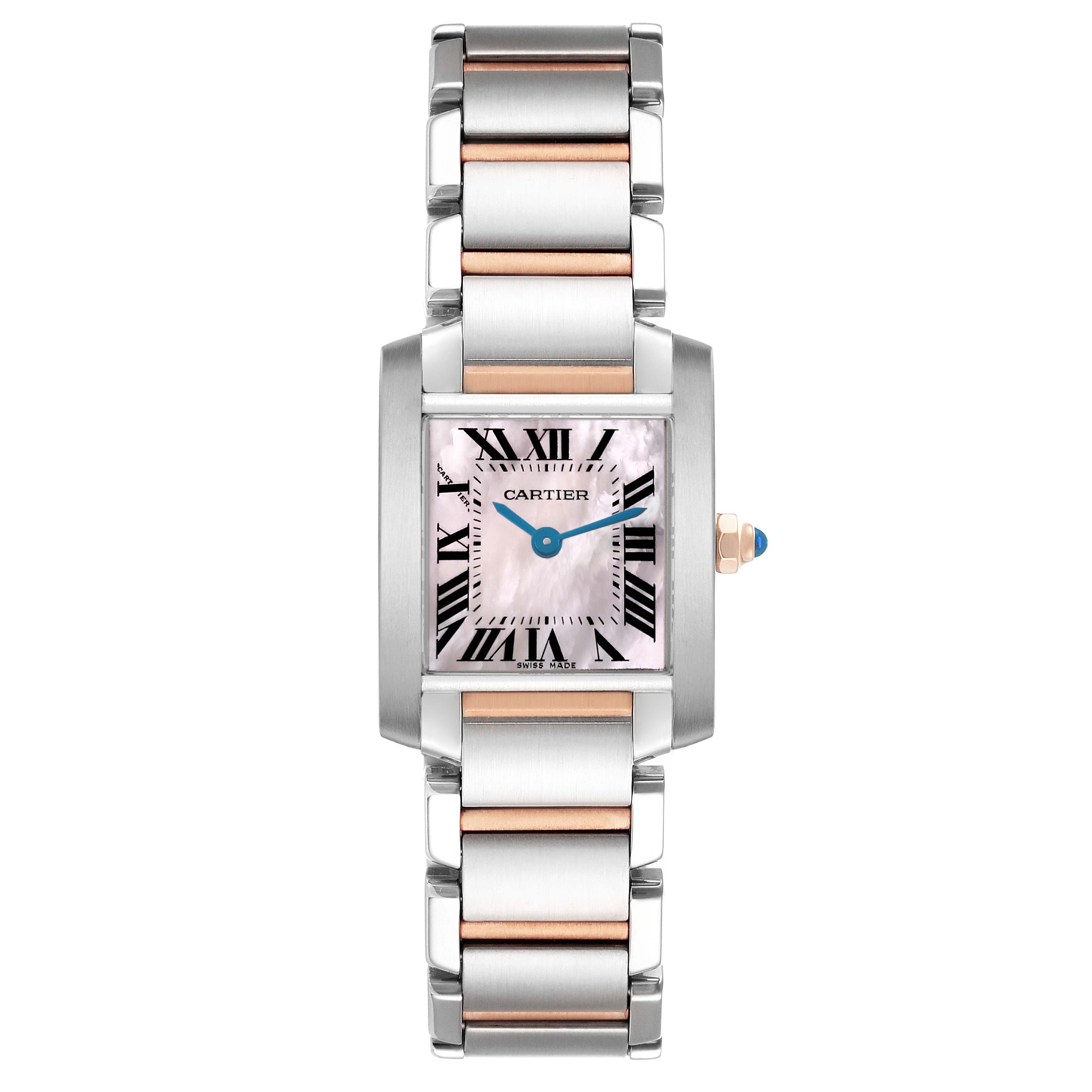The Cartier Tank Française watch is shown from the front, displaying its two-tone bracelet and rectangular dial with Roman numerals.