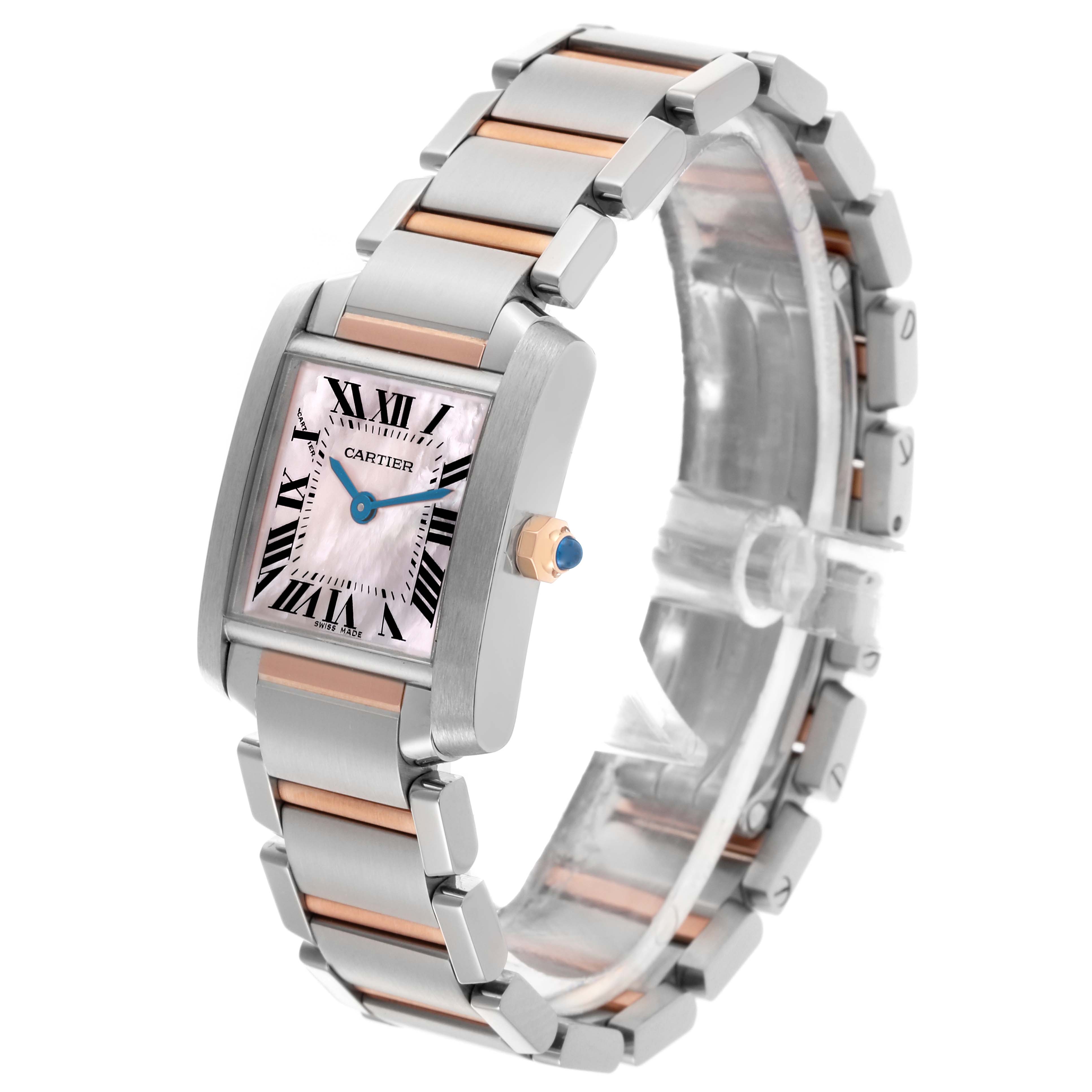 The Cartier Tank Française watch is shown at an angle highlighting the face, bezel, and bracelet with stainless steel and gold accents.