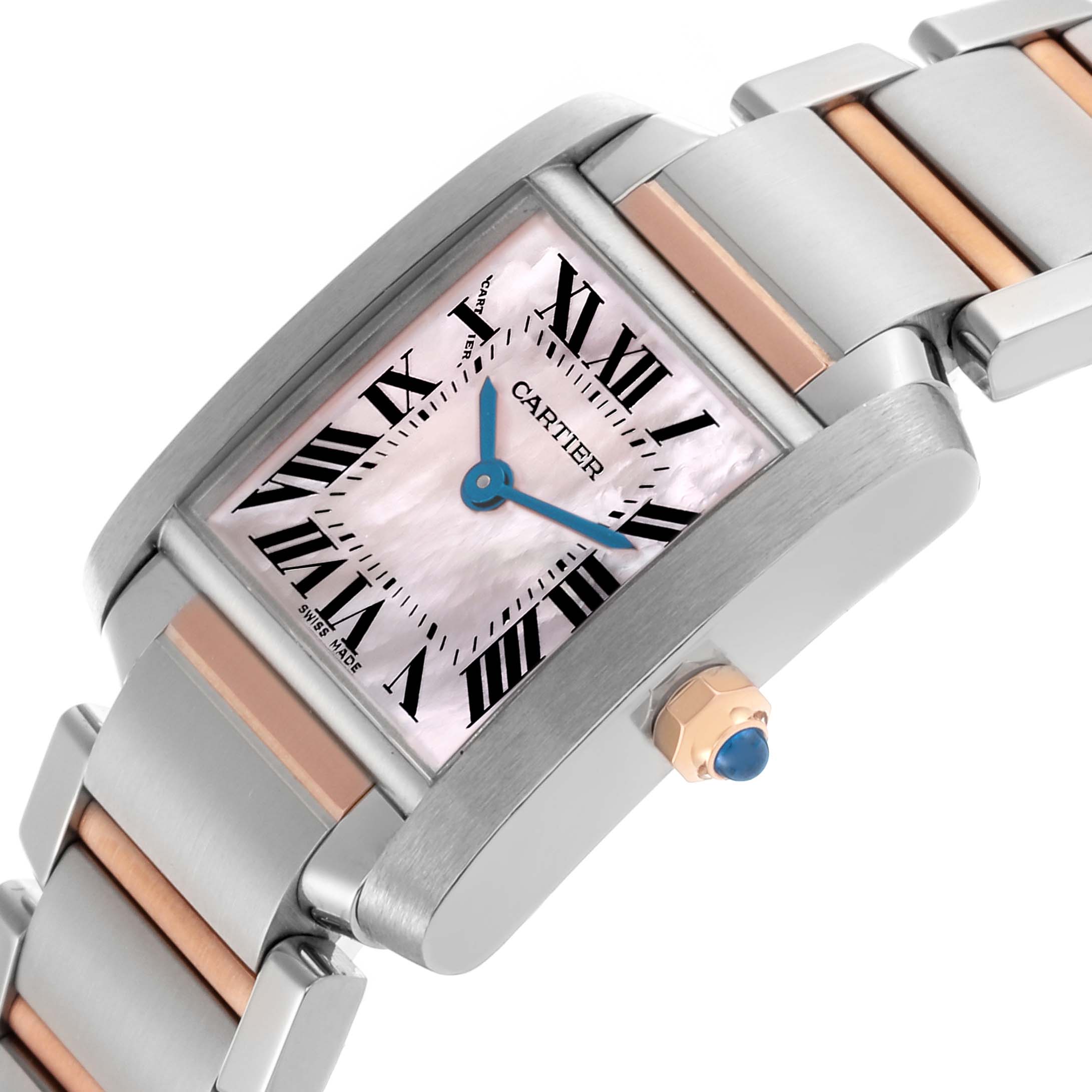The Cartier Tank Francaise W51027Q4 Women's Steel and Gold (two tone) Mother of Pearl Dial W51027Q4 Women's Steel and Gold (two tone) Mother of Pearl Dial watch is shown at an angle highlighting the dial, bracelet, and crown with blue detail.