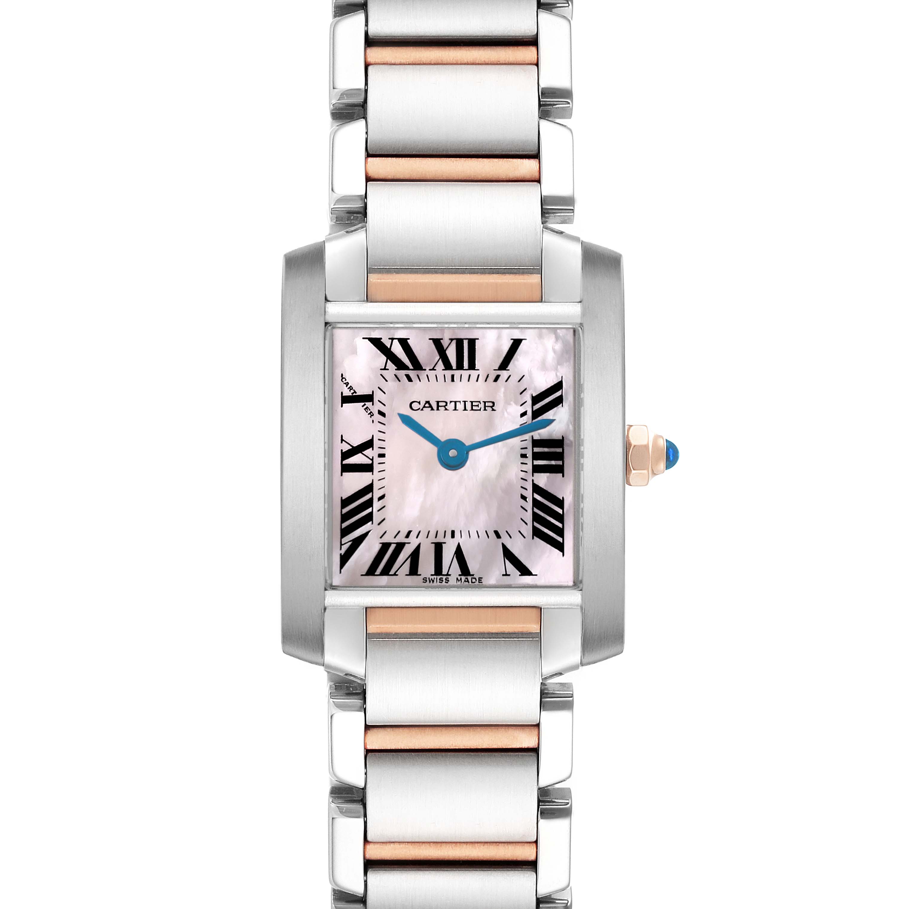 The Cartier Tank Française watch is shown from the front, highlighting its rectangular face, Roman numerals, blue hands, and metal bracelet.