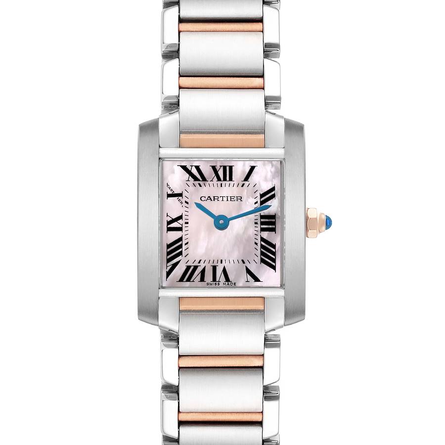 The Cartier Tank Française watch is shown from the front, highlighting its rectangular face, Roman numerals, blue hands, and metal bracelet.