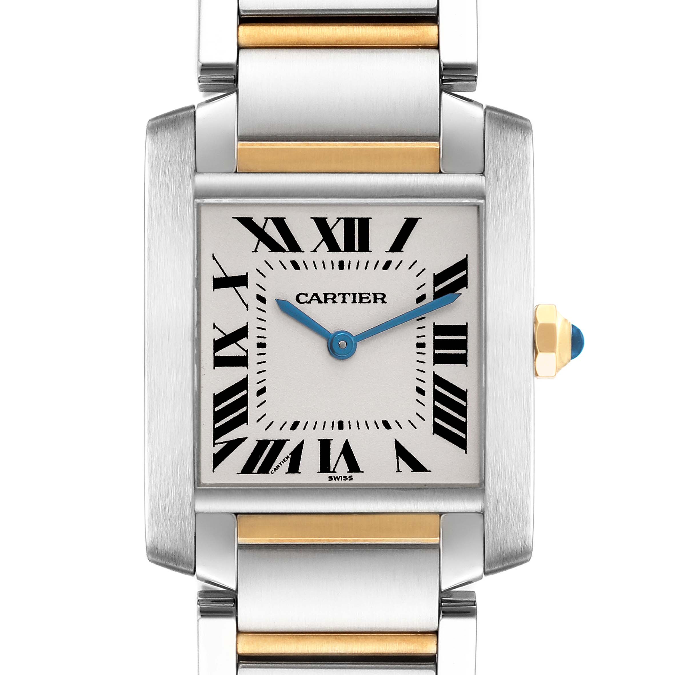 The Cartier Tank Francaise W51006Q4 Women's Steel and Gold (two tone) Silver Dial W51006Q4 Women's Steel and Gold (two tone) Silver Dial watch is shown from a front angle, highlighting the face, Roman numerals, and part of the bracelet.