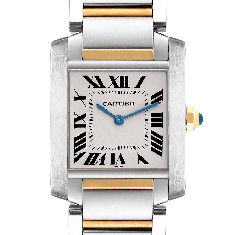 The Cartier Tank Francaise watch is shown from a front angle, highlighting the face, Roman numerals, and part of the bracelet.