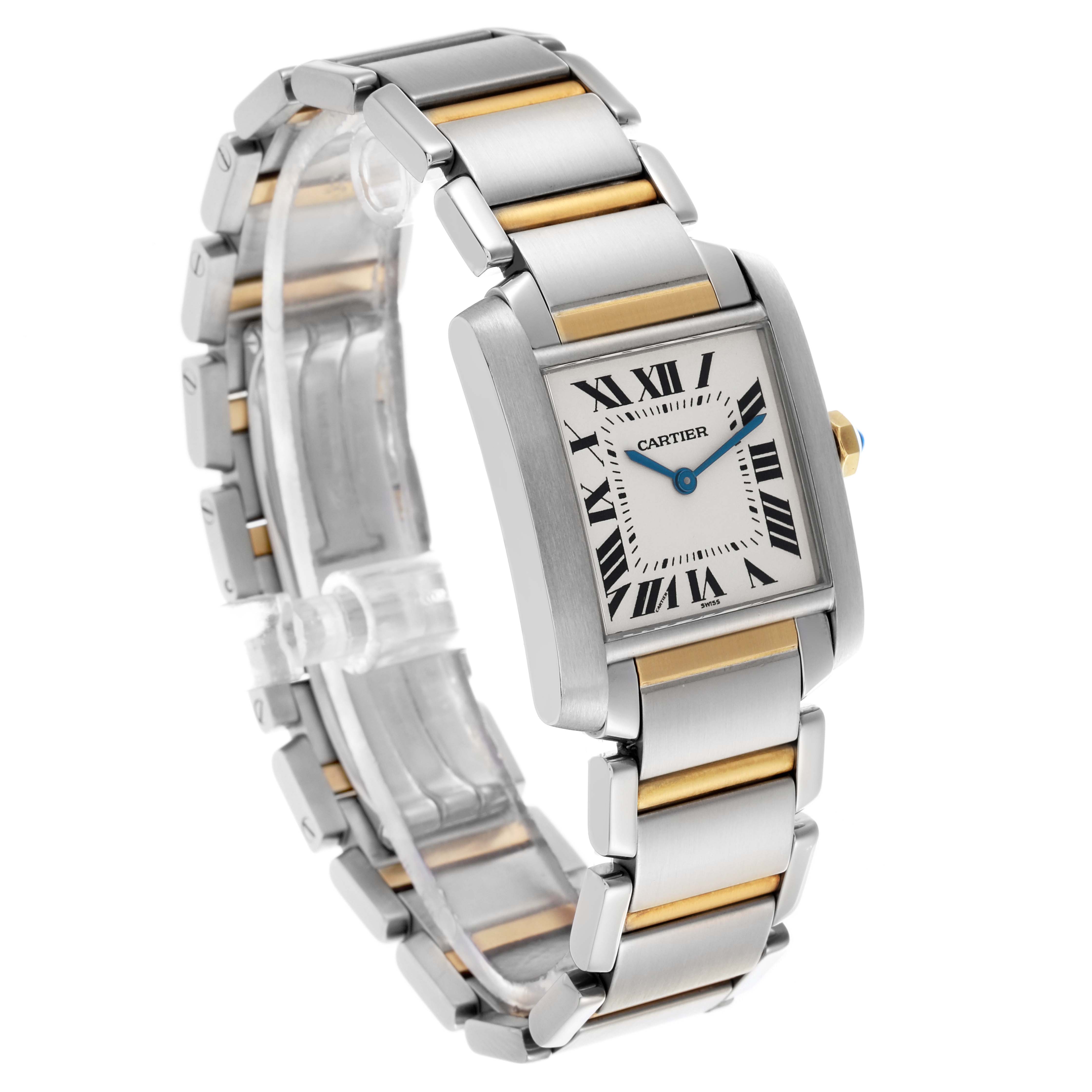The Cartier Tank Française watch is shown at a three-quarter angle, highlighting the dual-tone bracelet and rectangular face.