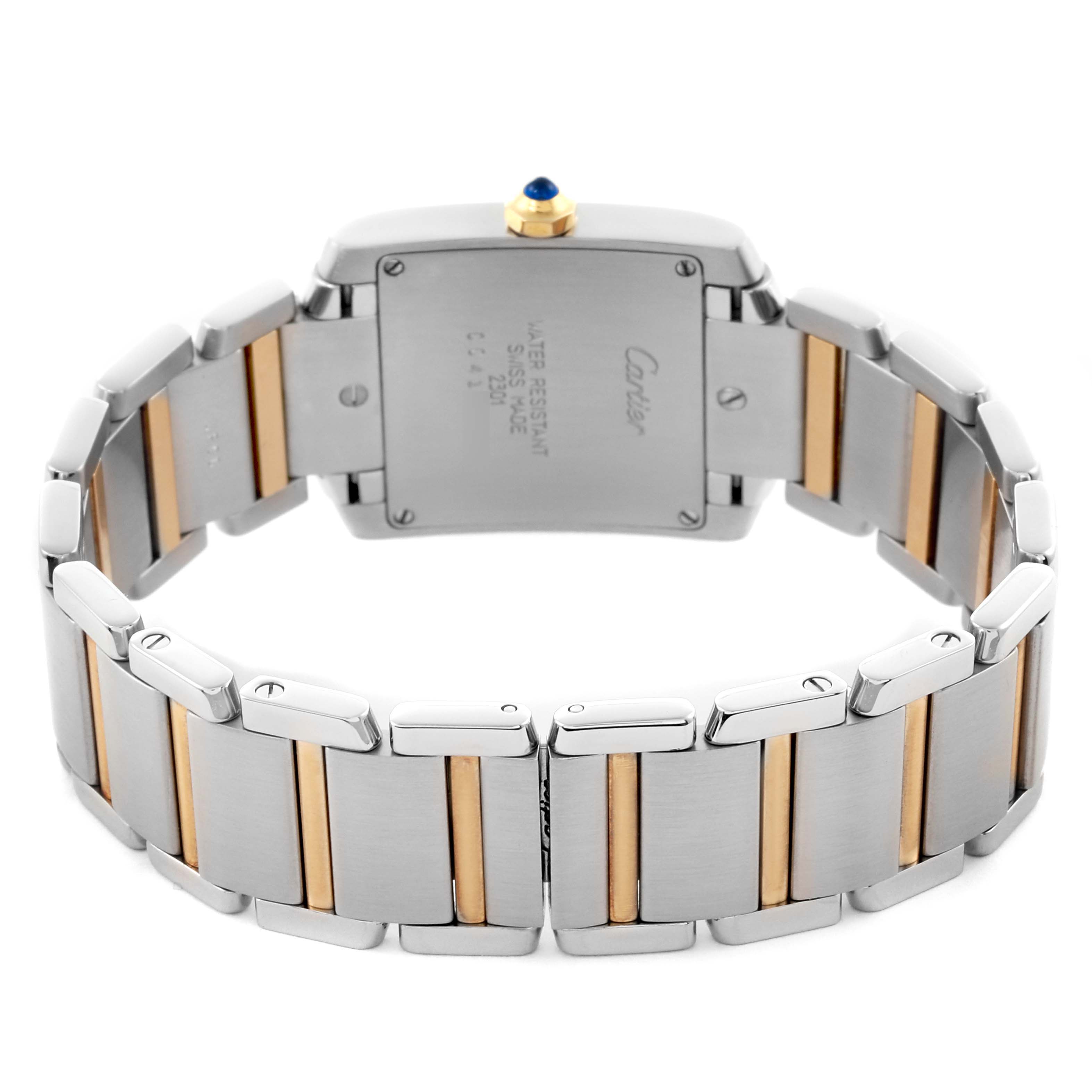 The image shows the back of a Cartier Tank Francaise W51006Q4 Women's Steel and Gold (two tone) Silver Dial W51006Q4 Women's Steel and Gold (two tone) Silver Dial watch, highlighting the two-tone metal bracelet and case back.