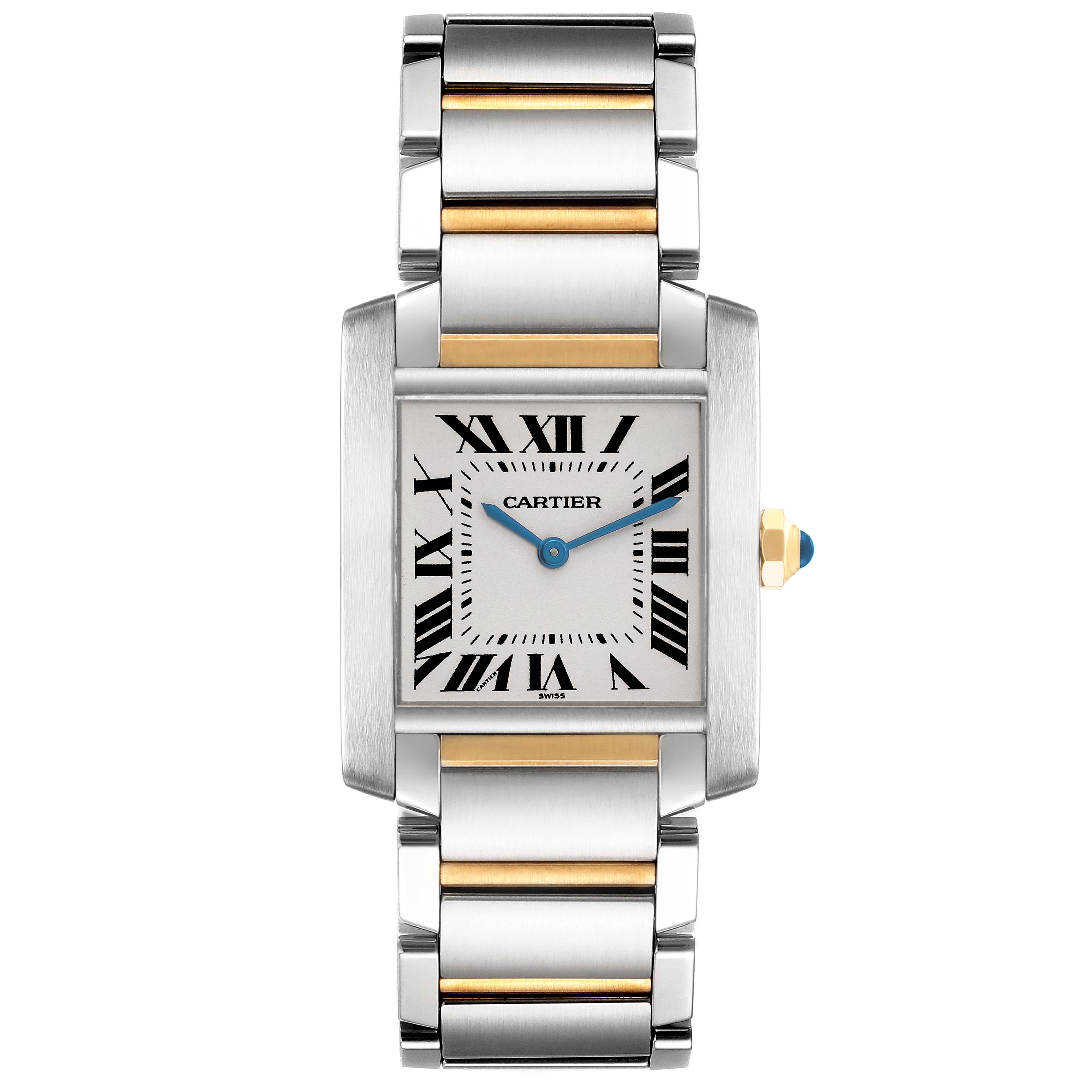 The Cartier Tank Francaise W51006Q4 Women's Steel and Gold (two tone) Silver Dial W51006Q4 Women's Steel and Gold (two tone) Silver Dial watch is shown from a straight-on angle, displaying its rectangular face and two-tone metal bracelet.
