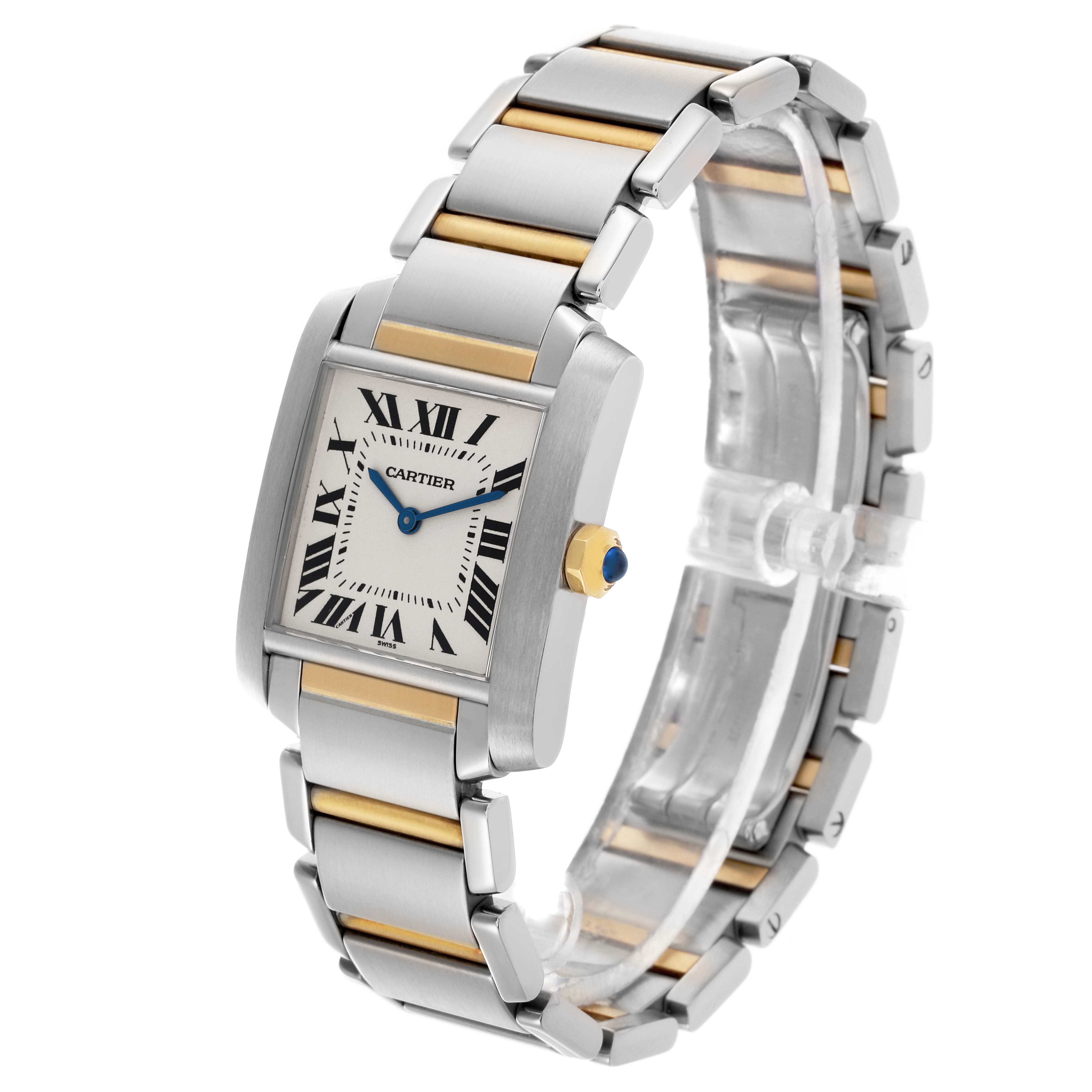 The Cartier Tank Francaise W51006Q4 Women's Steel and Gold (two tone) Silver Dial W51006Q4 Women's Steel and Gold (two tone) Silver Dial watch is shown at an angle displaying the face, bracelet, and crown details.
