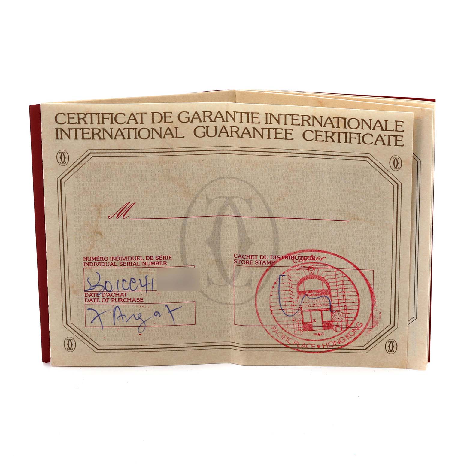 The image shows the international guarantee certificate for a Cartier Tank Française watch.
